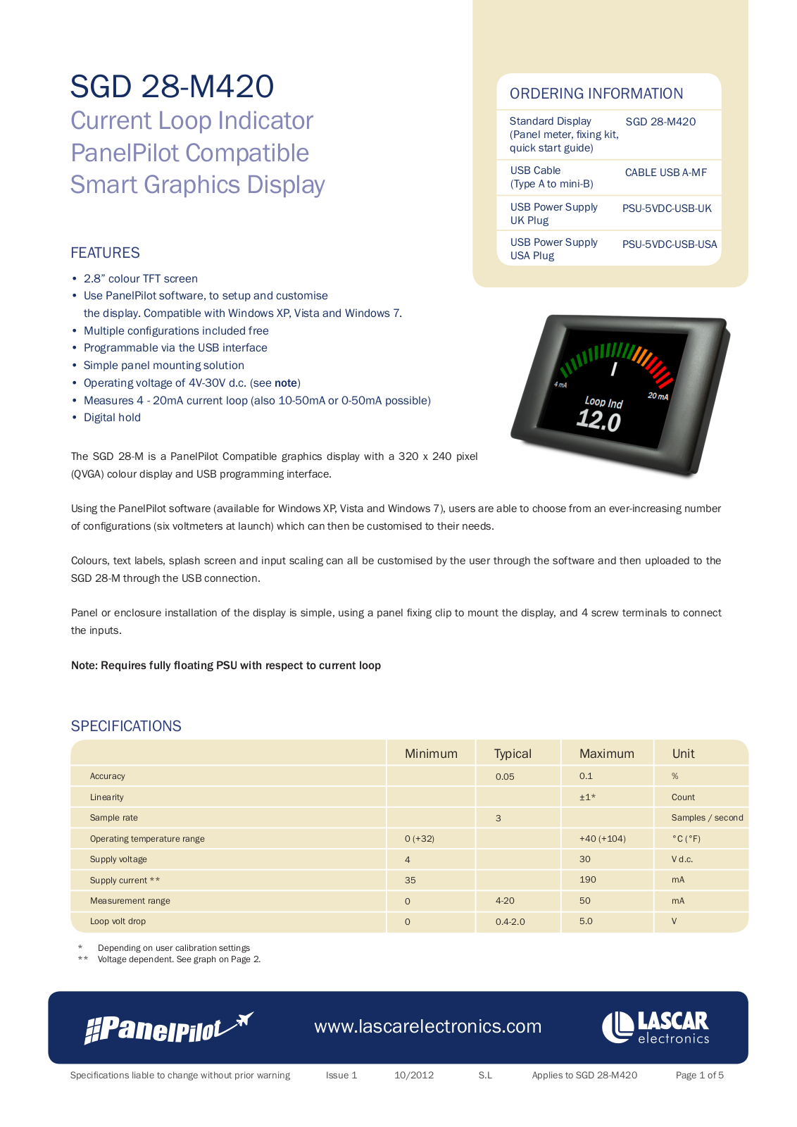 Lascar SGD 28-M420 Data Sheet