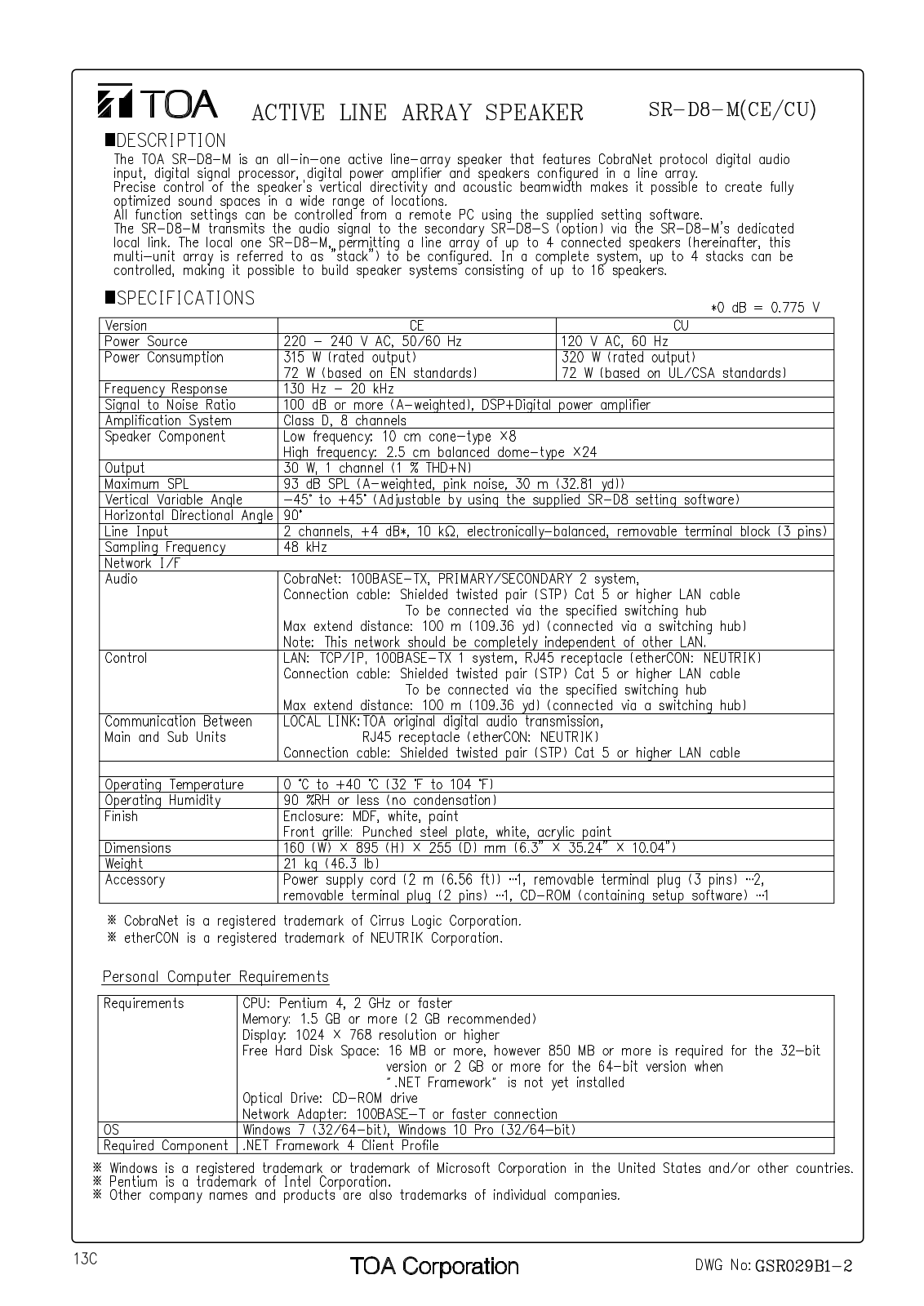 TOA SR-D8-M-CU User Manual