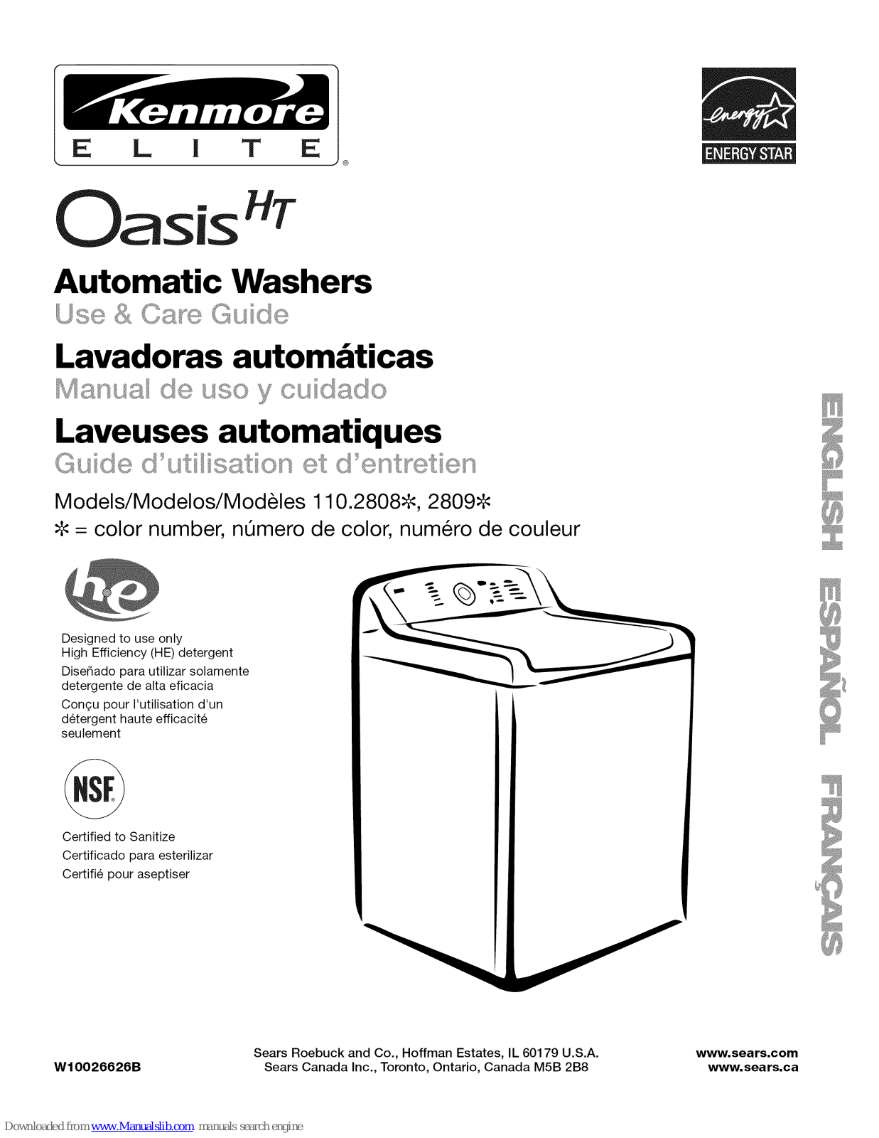 Kenmore OASIS HT W10026626B, Elite Oasis HT 110.2808 Series, Elite Oasis HT 110.2809 Series Use & Care Manual - ManualMachine.com