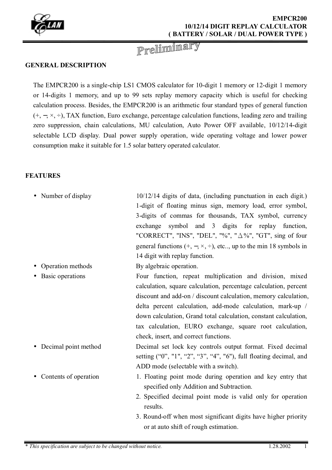 ELAN EMPCR200 Datasheet