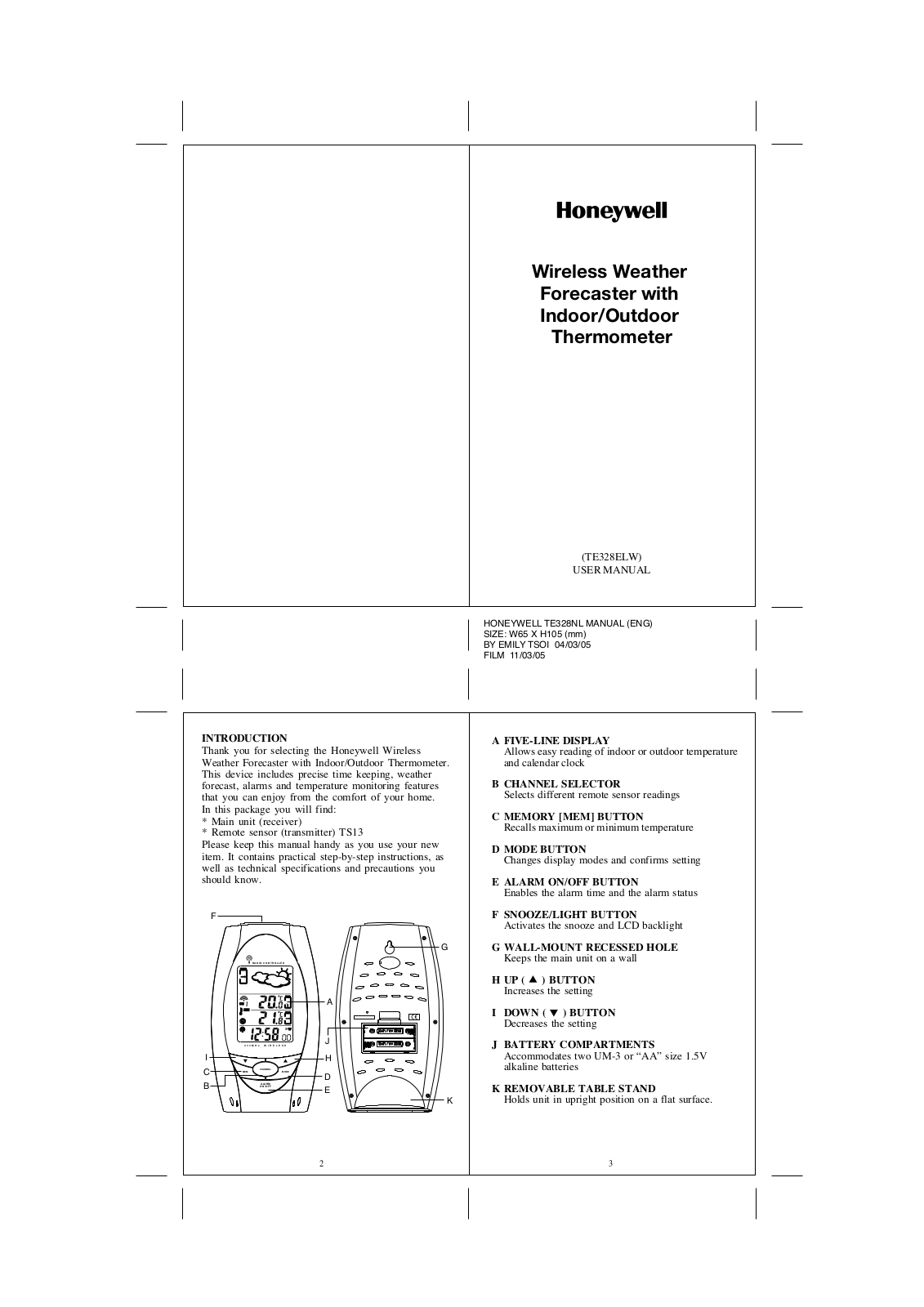 Honeywell TE328ELW User Manual