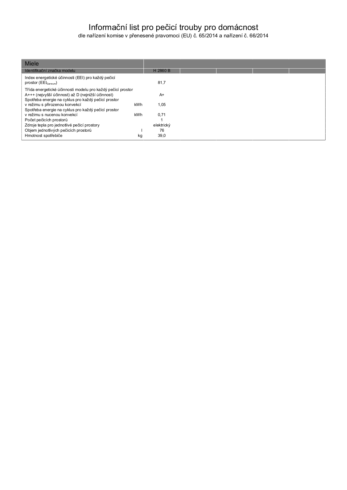 Miele H2860BN Information sheet