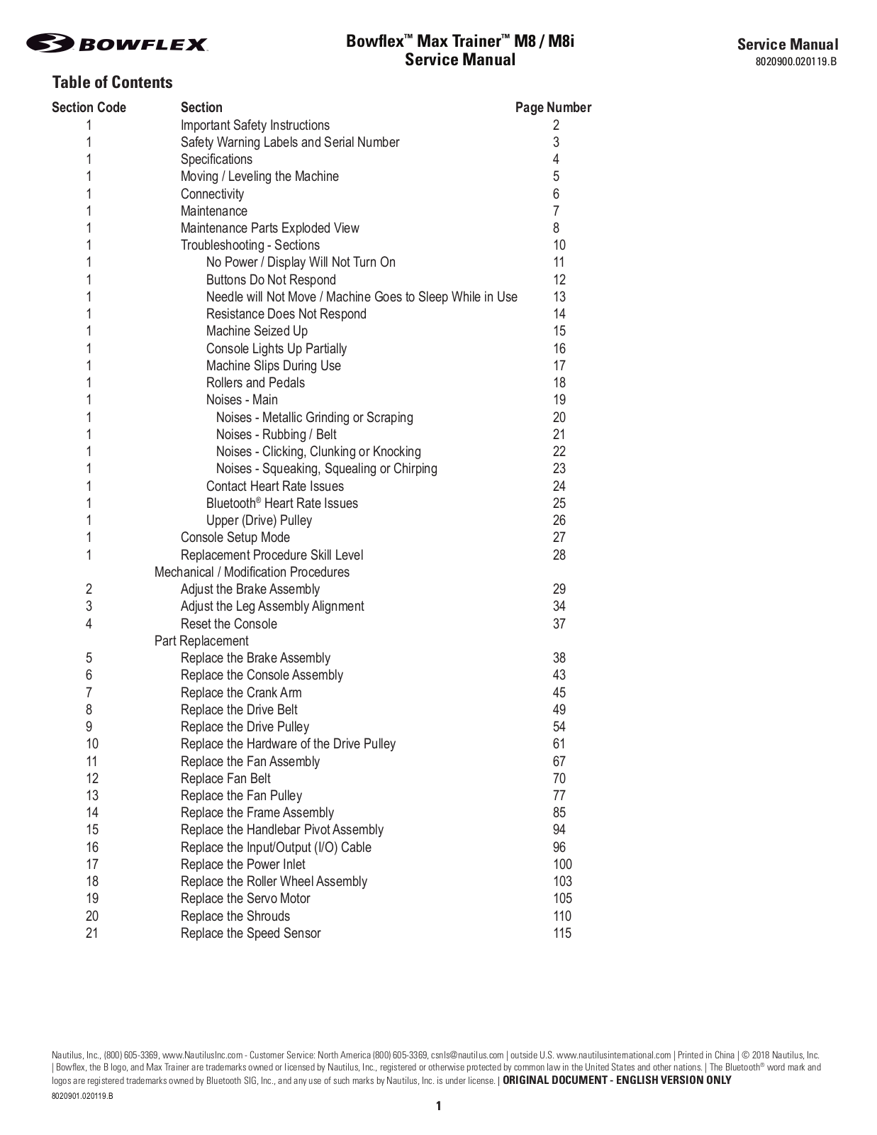 Bowflex M8, M8i Service Manual