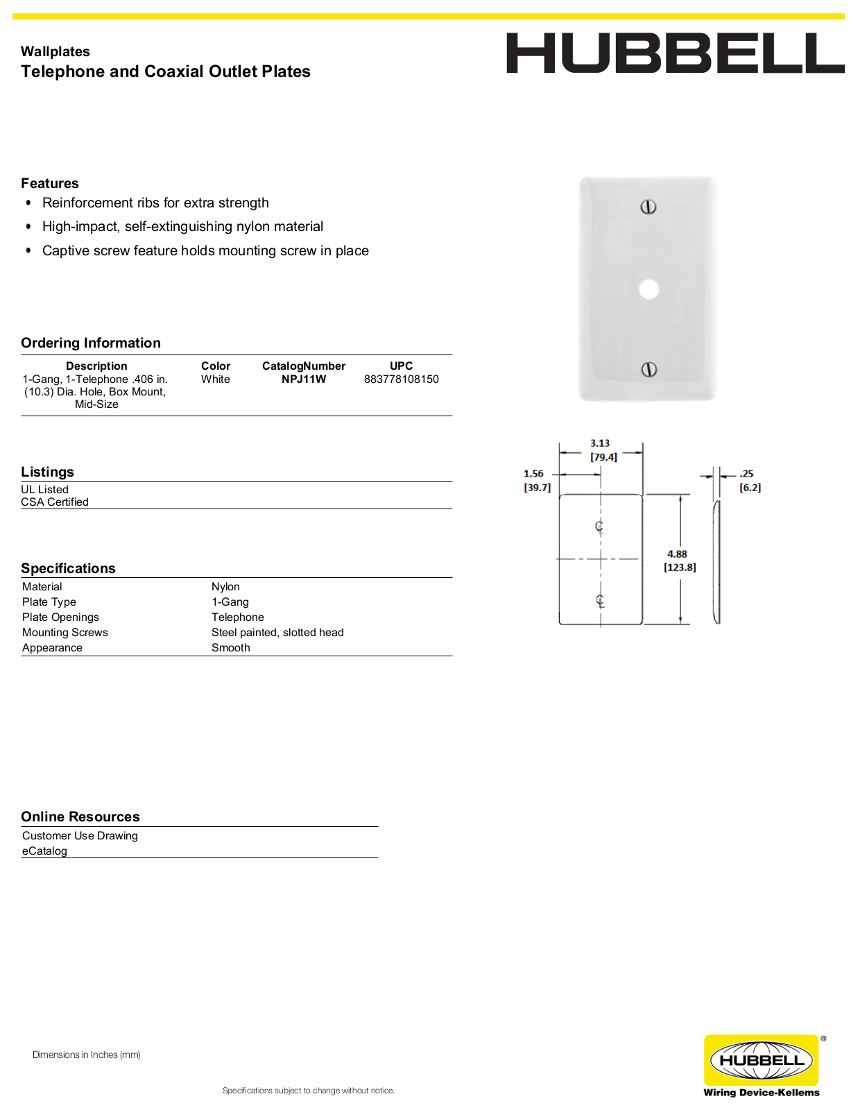 Hubbell NPJ11W Specifications