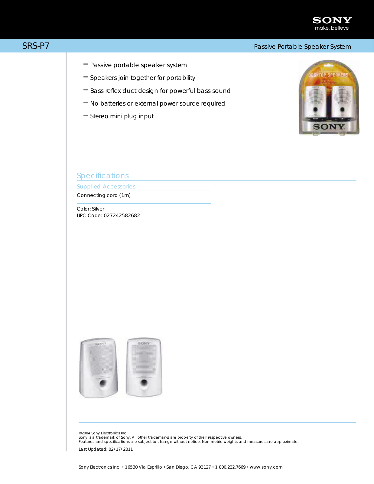 Sony SRSP7 User Manual