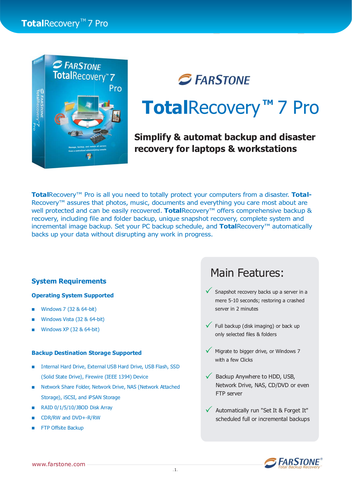 Farstone TOTALRECOVERY 7 PRO DATASHEET