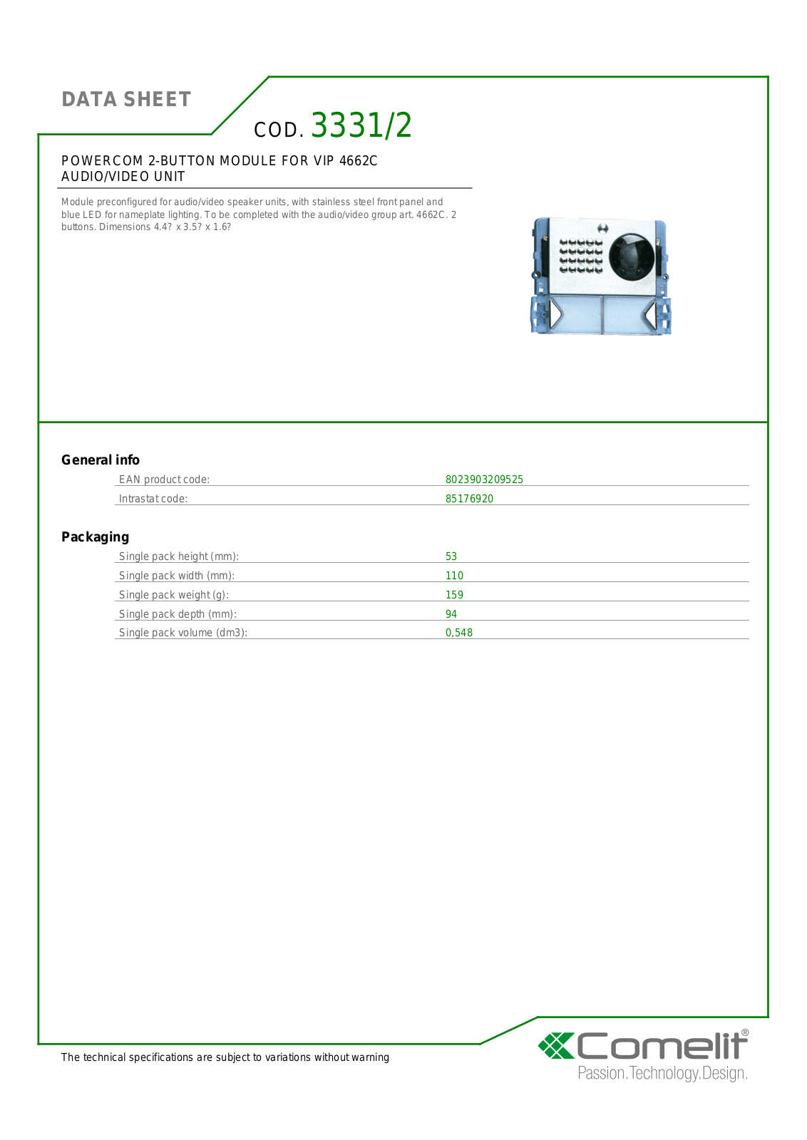 Comelit 3331-2 Specsheet