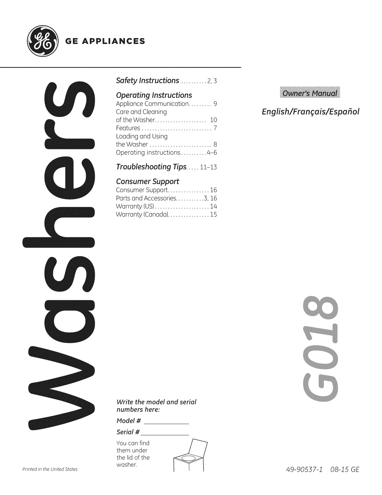 GE GTW810SSJ1WS, GTW810SSJ0WS, GTW810SPJ1MC, GTW810SPJ0MC Owner’s Manual