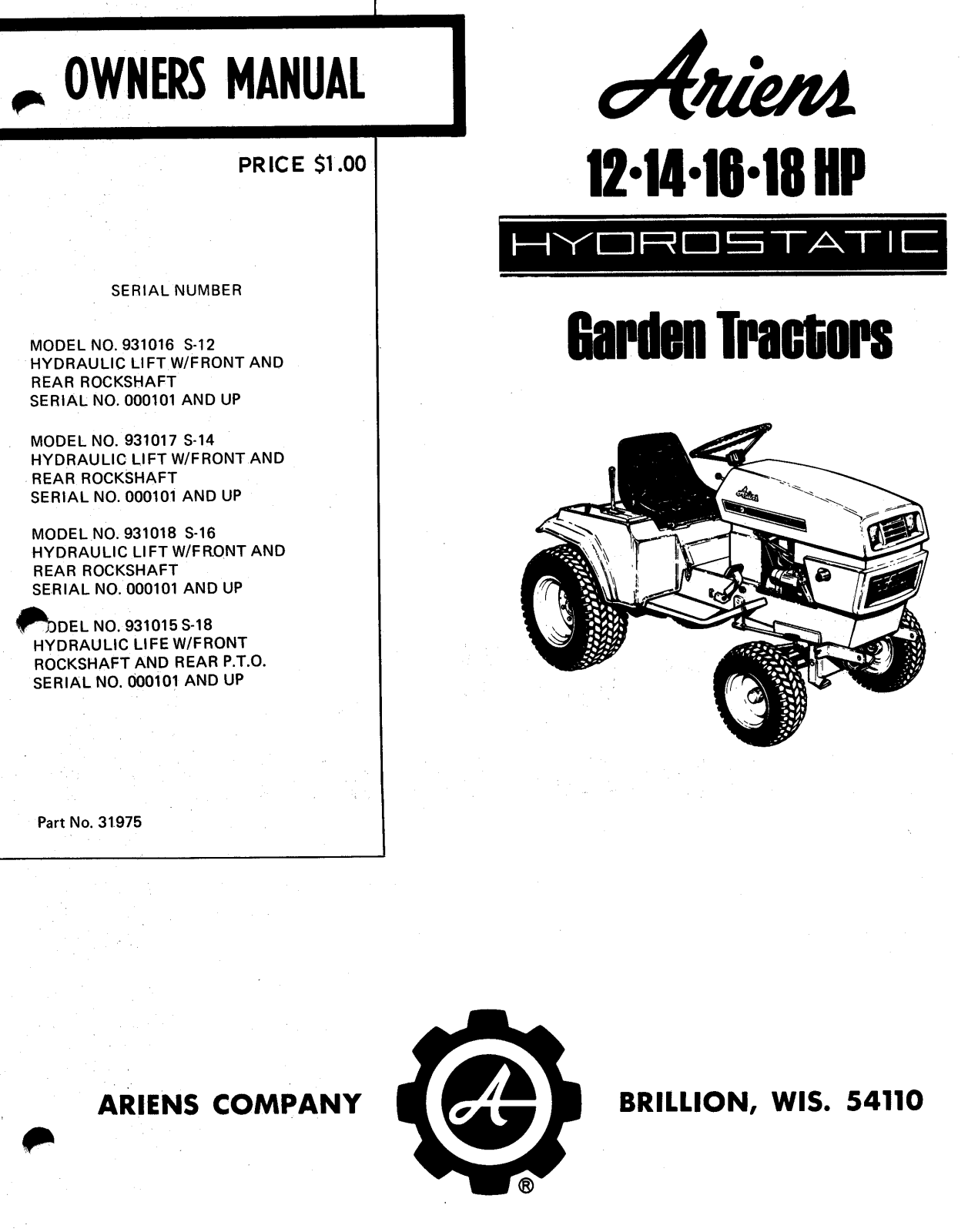 Ariens 931018 S-16, 931017 S-14, 931016 S-12 User Manual