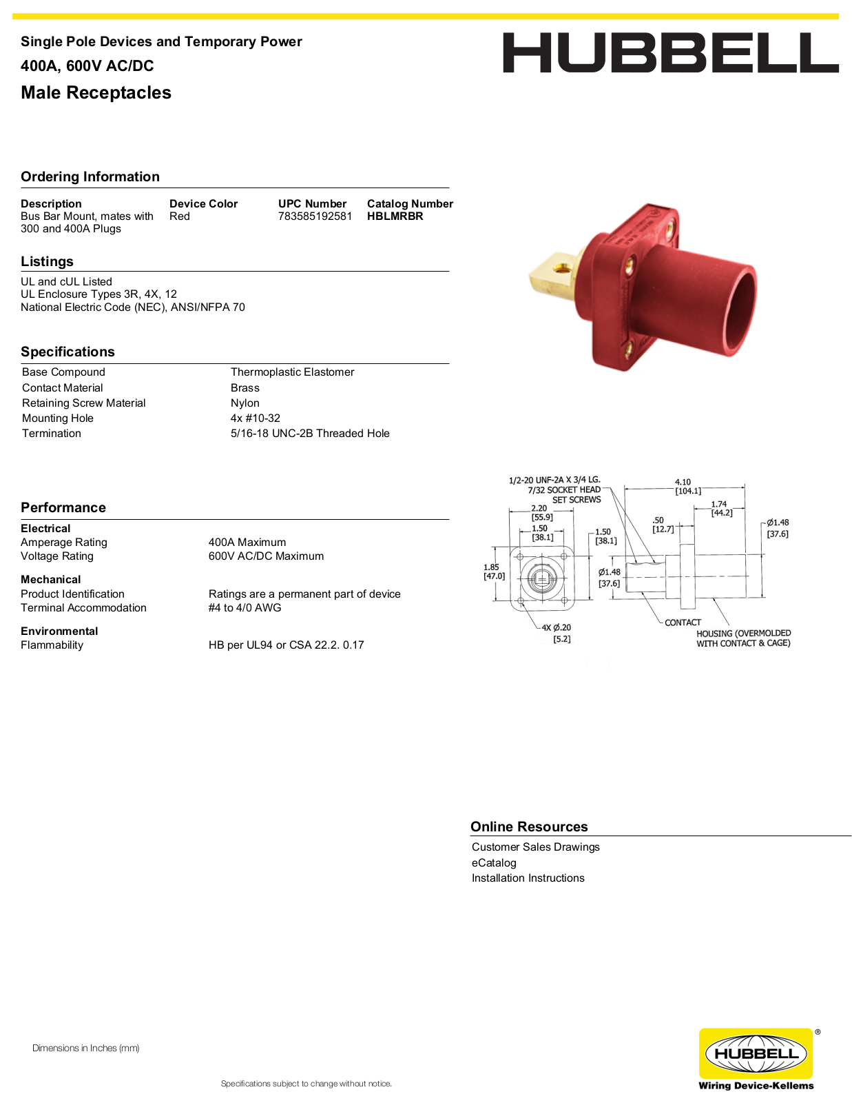 Hubbell HBLMRBR Specifications - ManualMachine.com