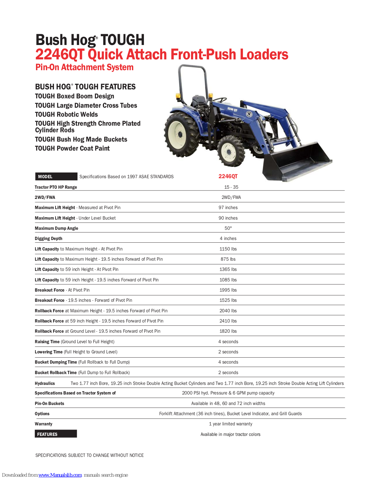 Bush Hog Front-Push Loaders 2246QT, TOUGH 2246QT Specifications