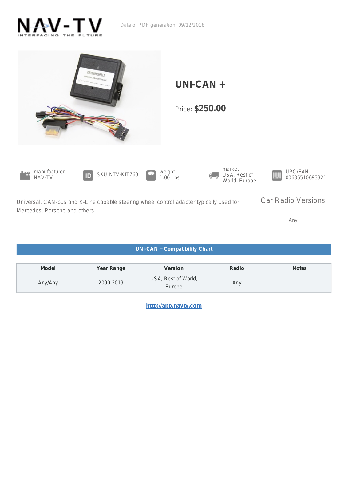 NAV-TV UNI-CAN + Specification Sheet