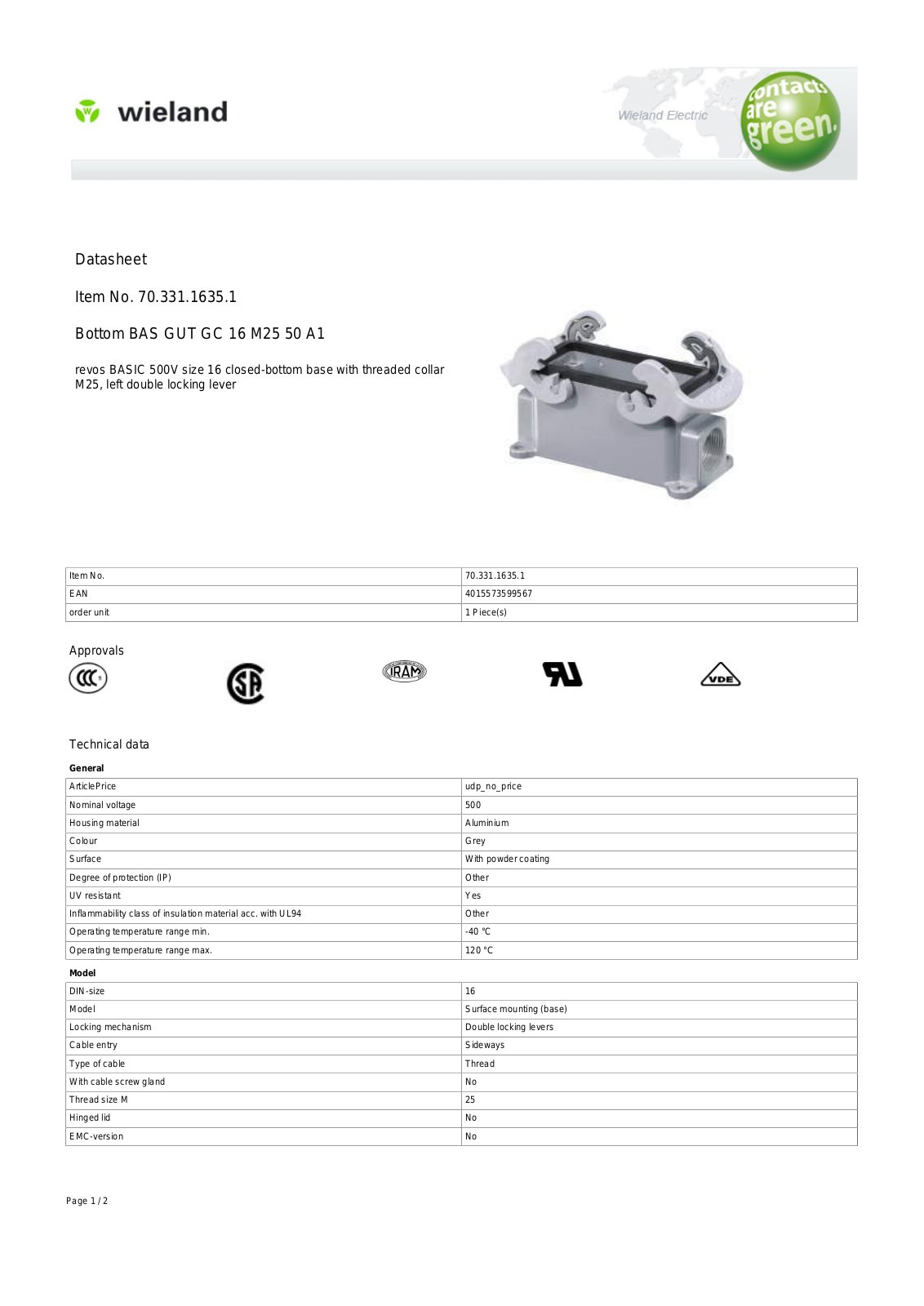 Wieland 70.331.1635.1 Data Sheet