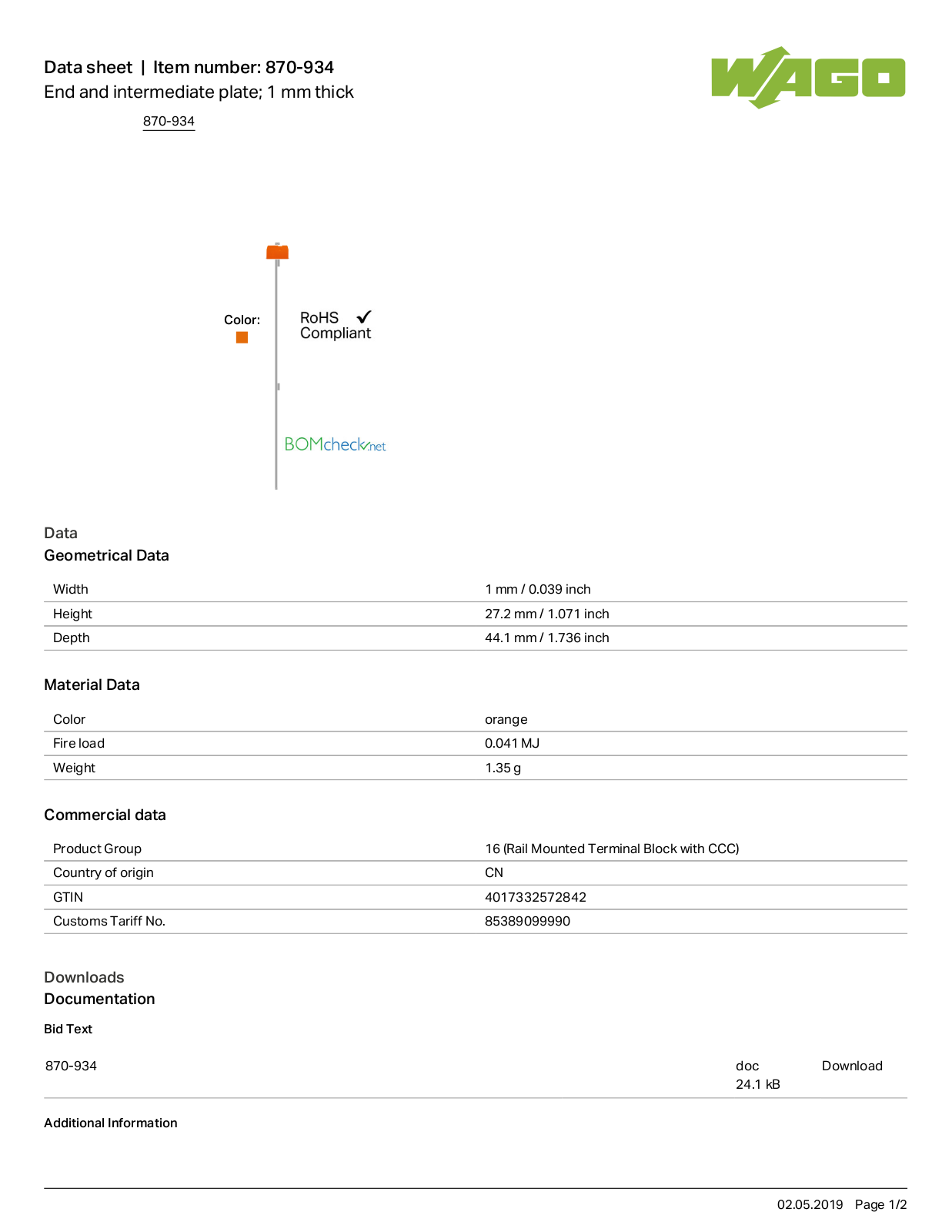 Wago 870-934 Data Sheet