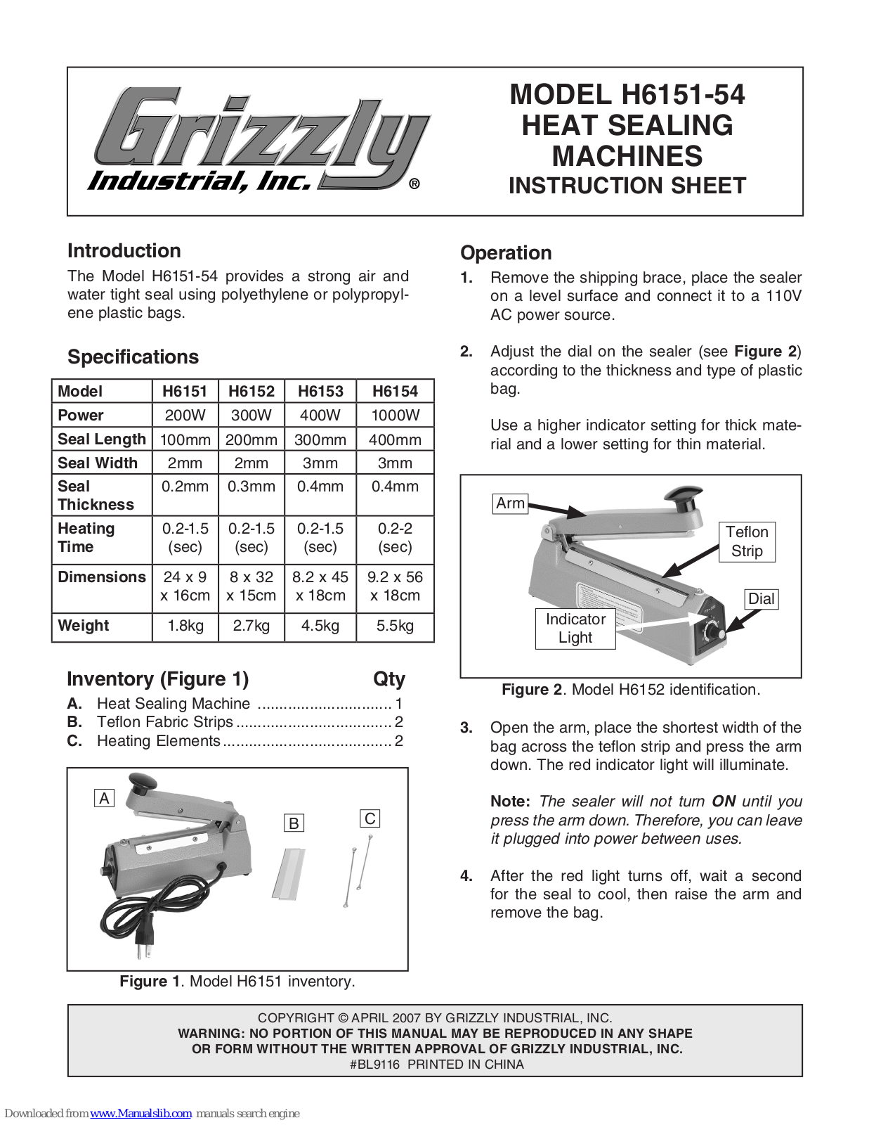 Grizzly H6154, H6152, H6153, H6151-54 Instruction Sheet