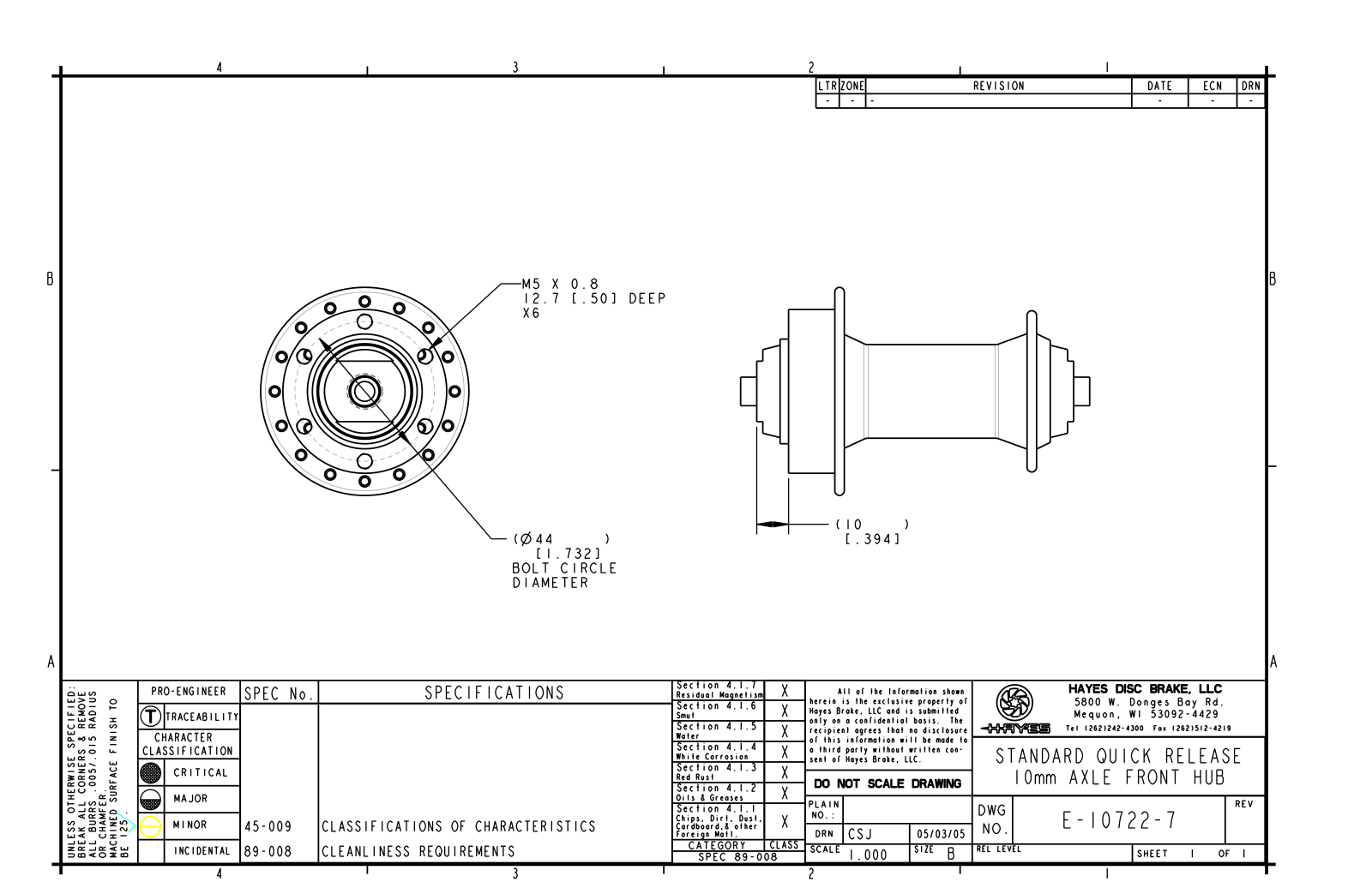 Hayes Disc Brakes FRONT QR HUB User Manual