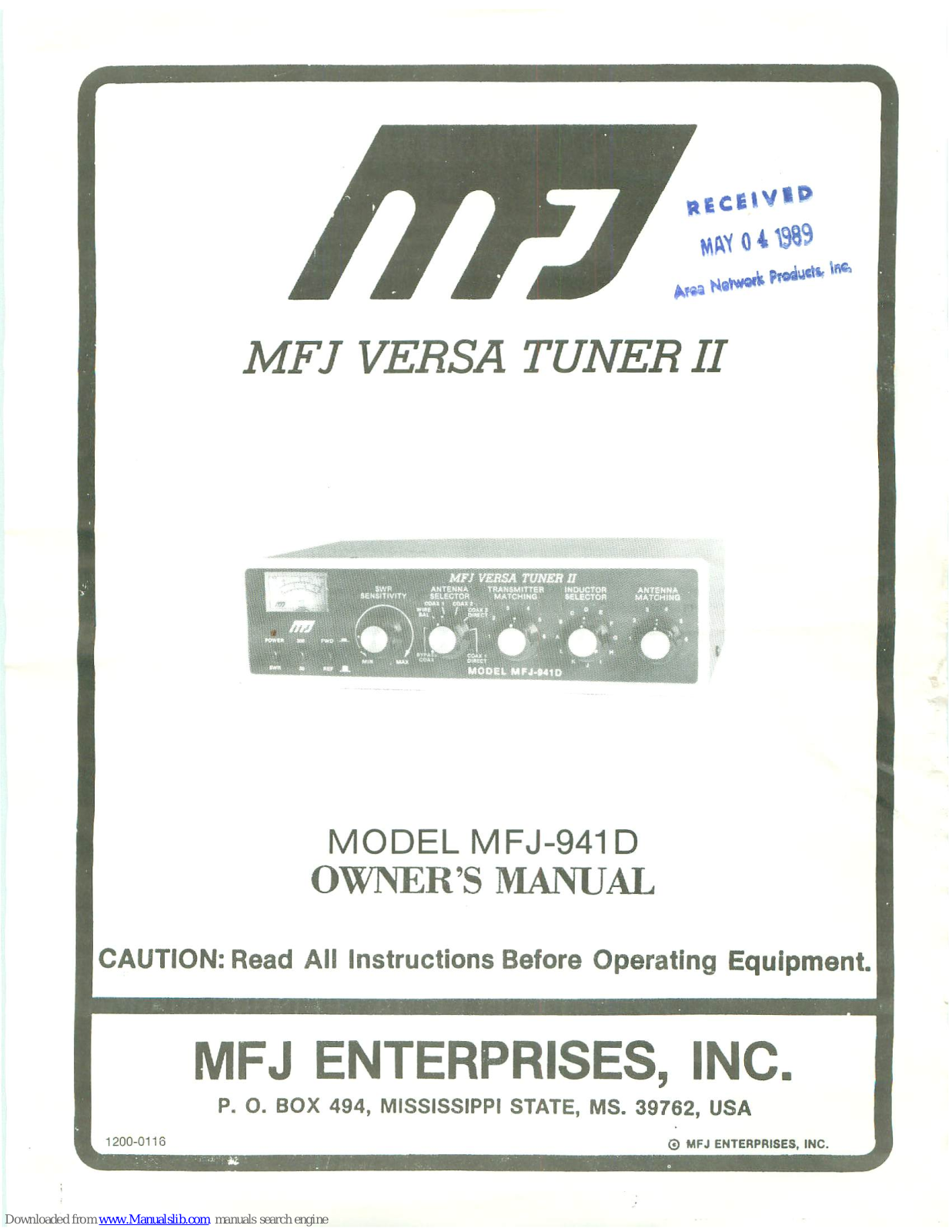 MFJ Versa Tuner II 941D Owner's Manual