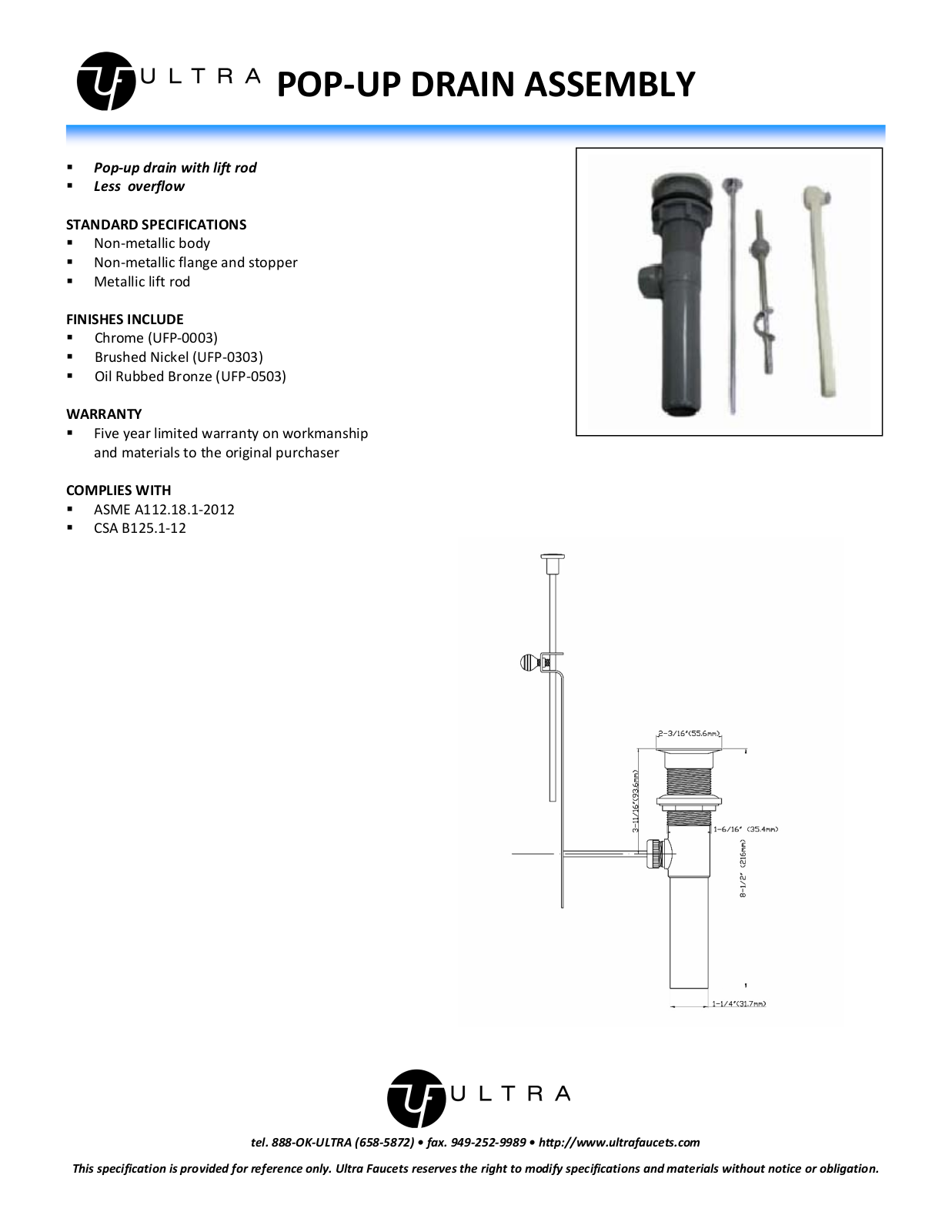 Ultra Faucets LTR10076 Specifications - ManualMachine.com