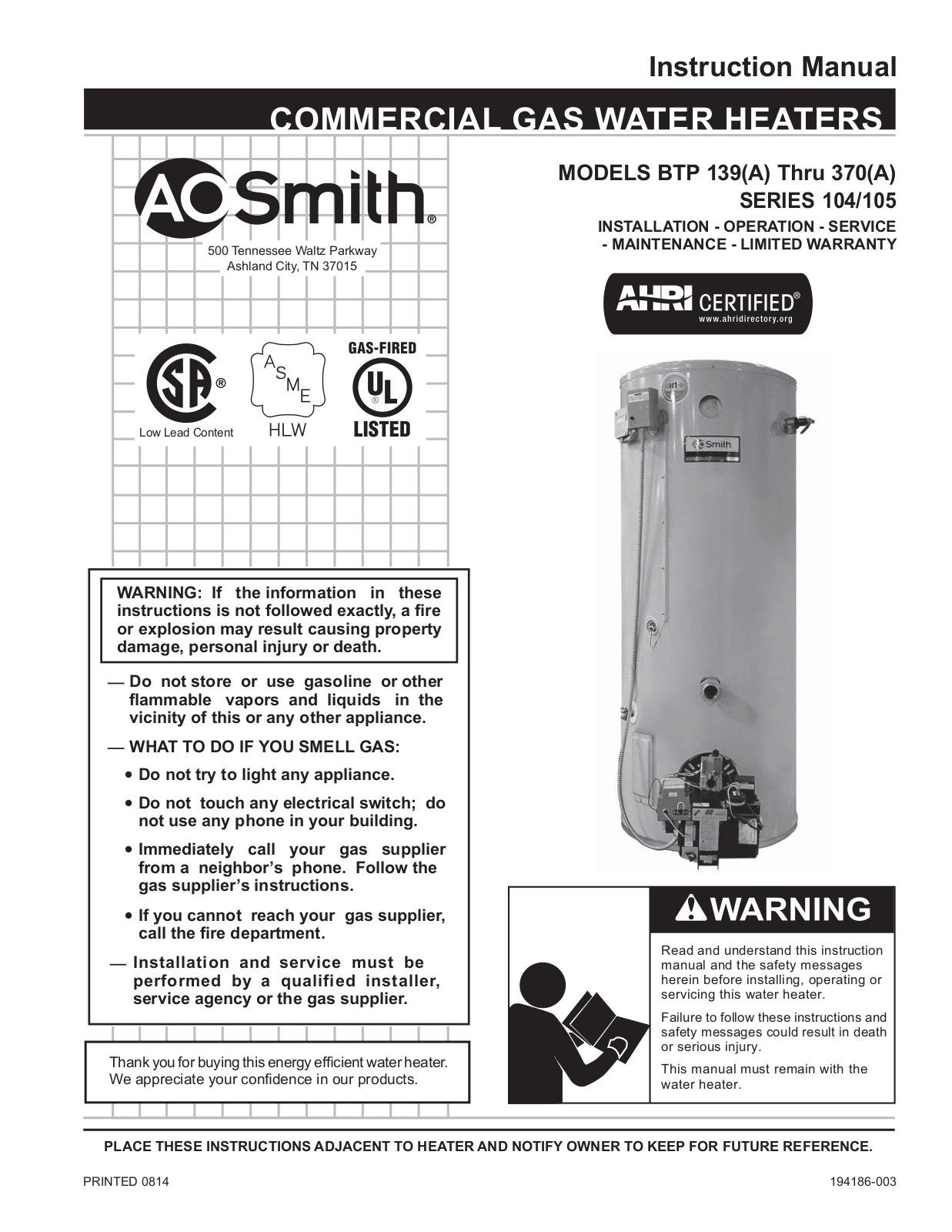 A. O. Smith BTP-139A Installation  Manual