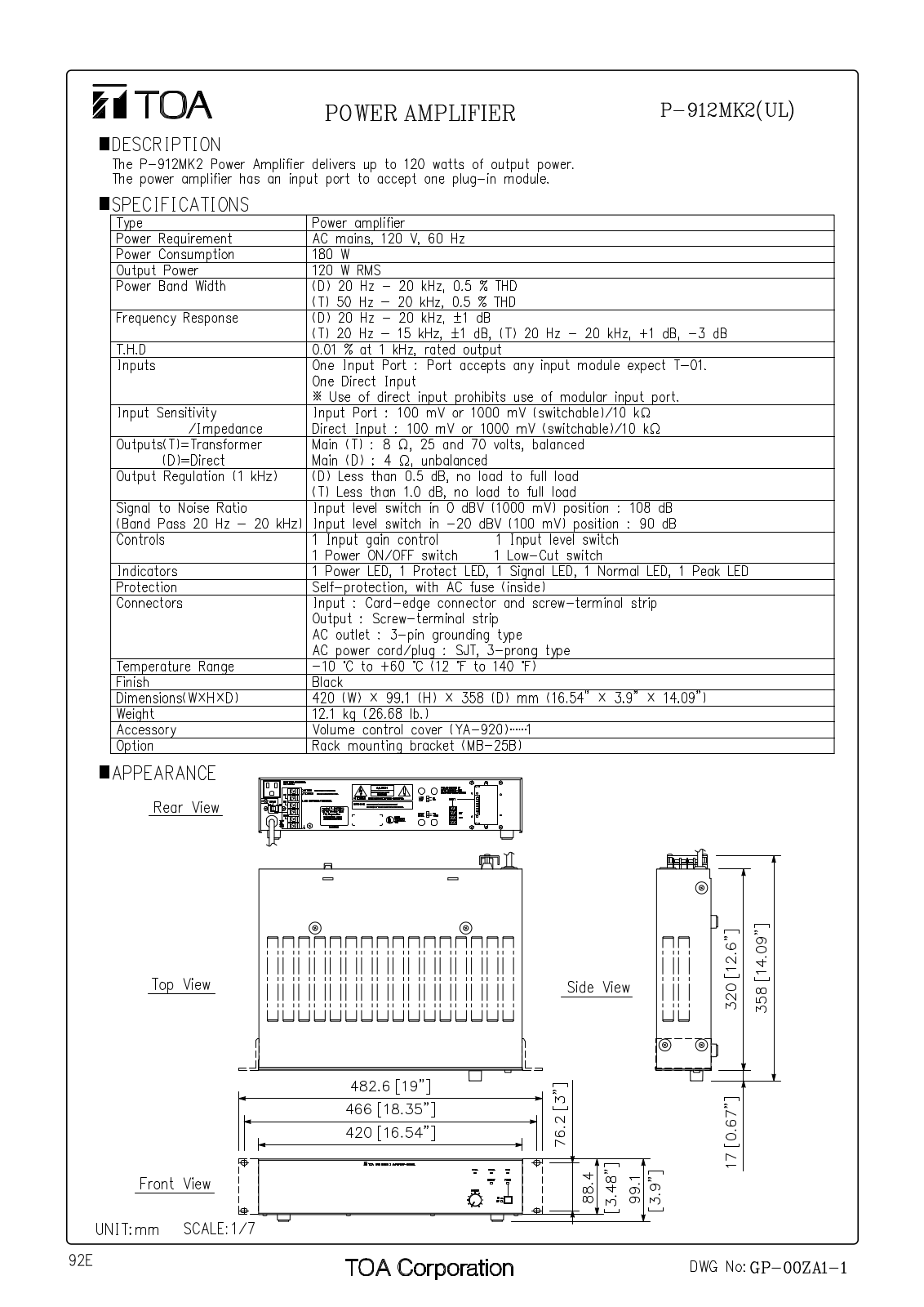 TOA P-912MK2 UL User Manual