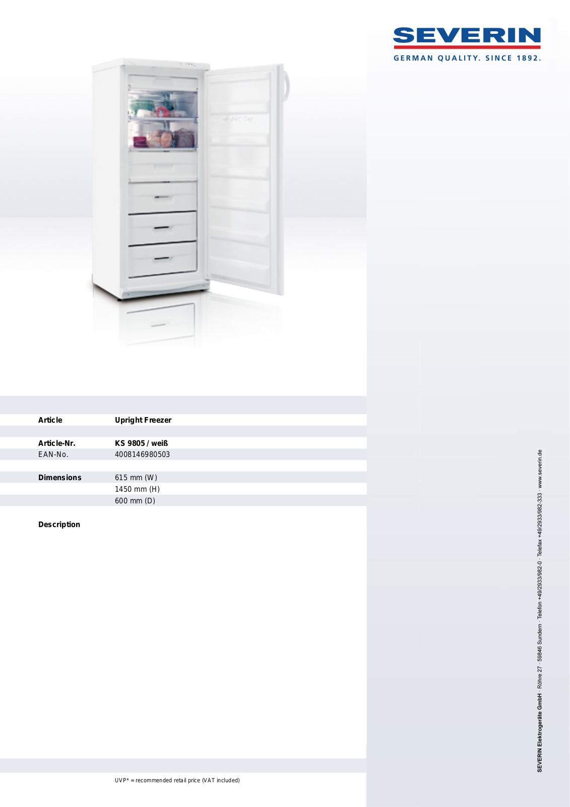 Severin KS 9805, UPRIGHT FREEZER User Manual