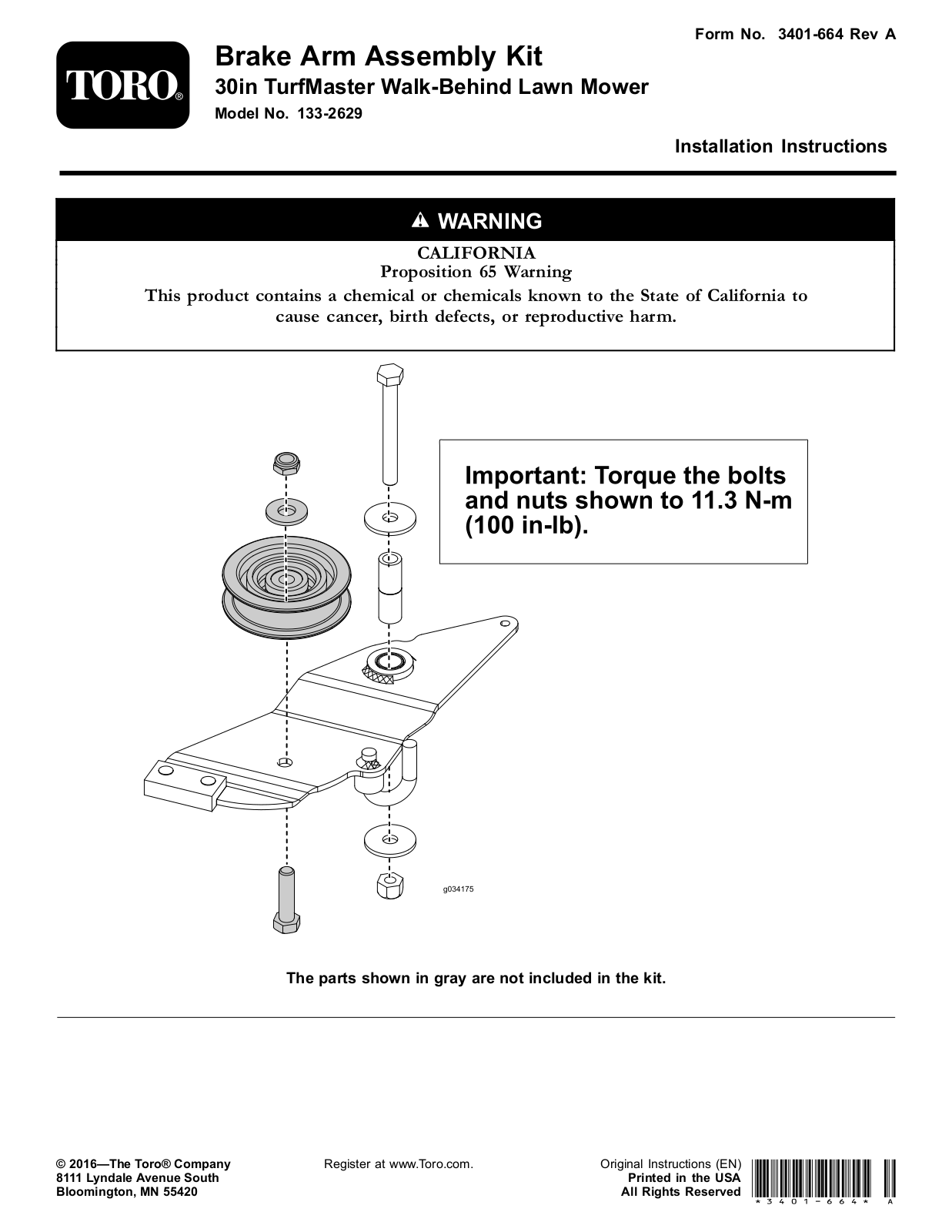 Toro 133-2629 Installation Instructions