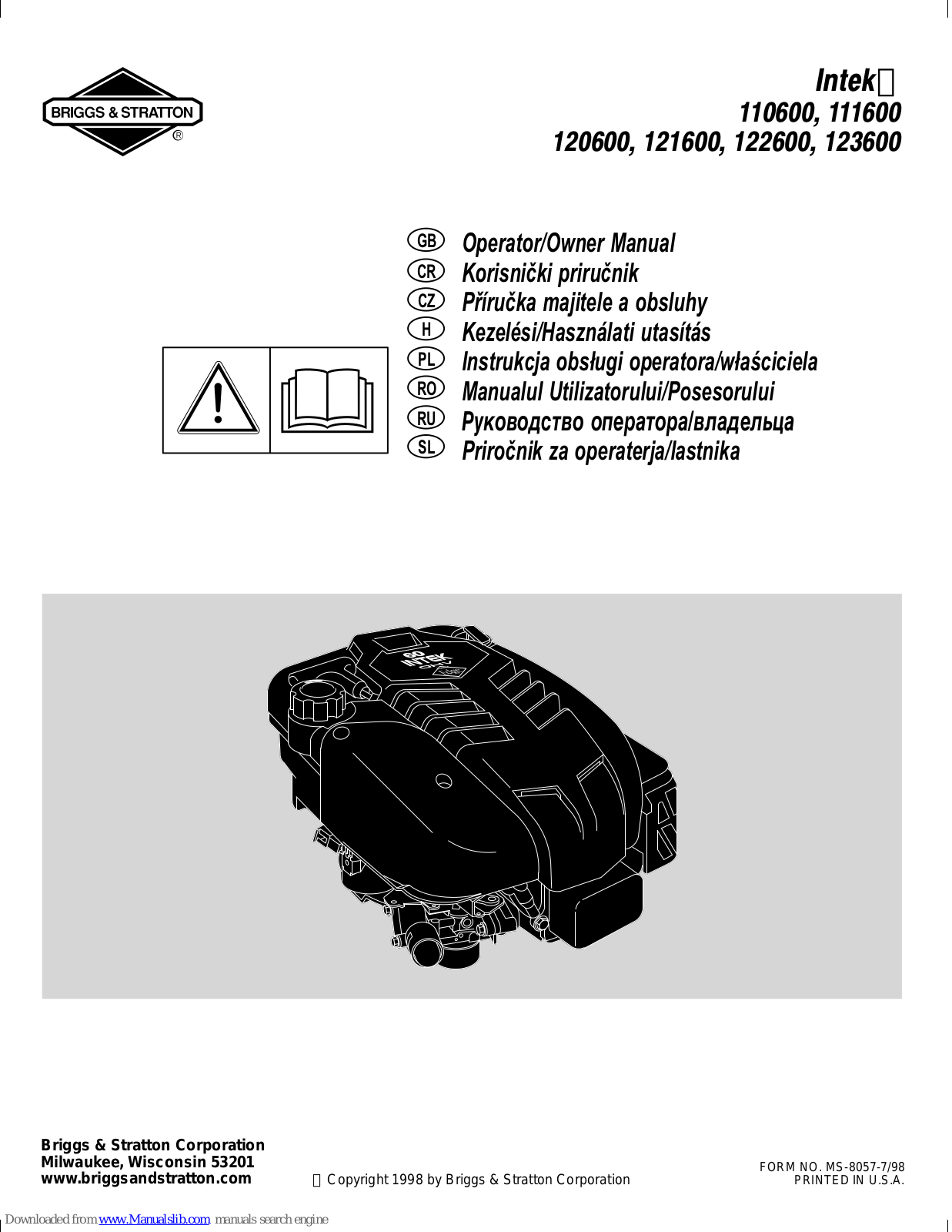 Briggs & Stratton Intek 110600, Intek 111600, Intek 120600, Intek 121600, Intek 122600 Operation And Owner's Manual