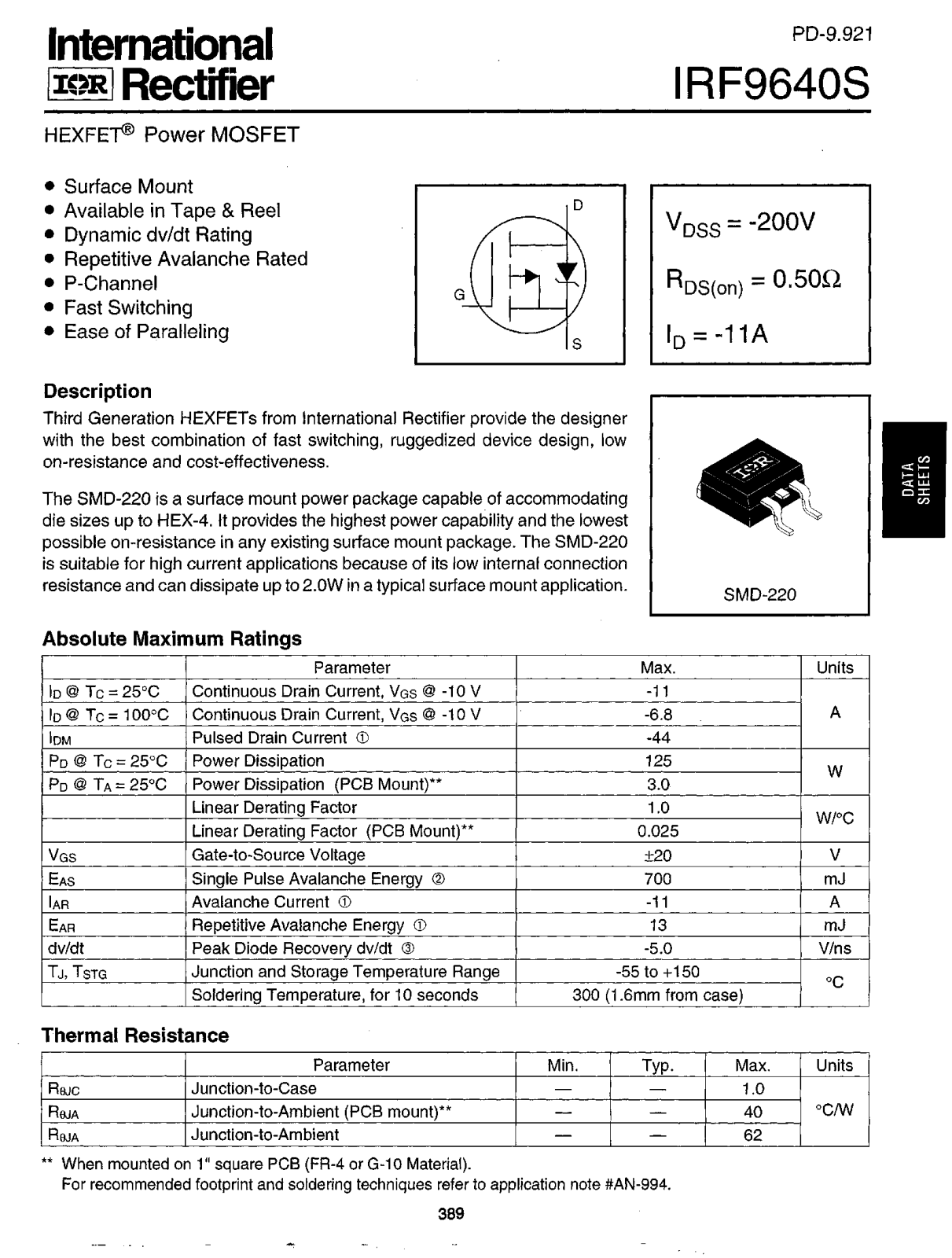 International Rectifier IRF9640S Datasheet