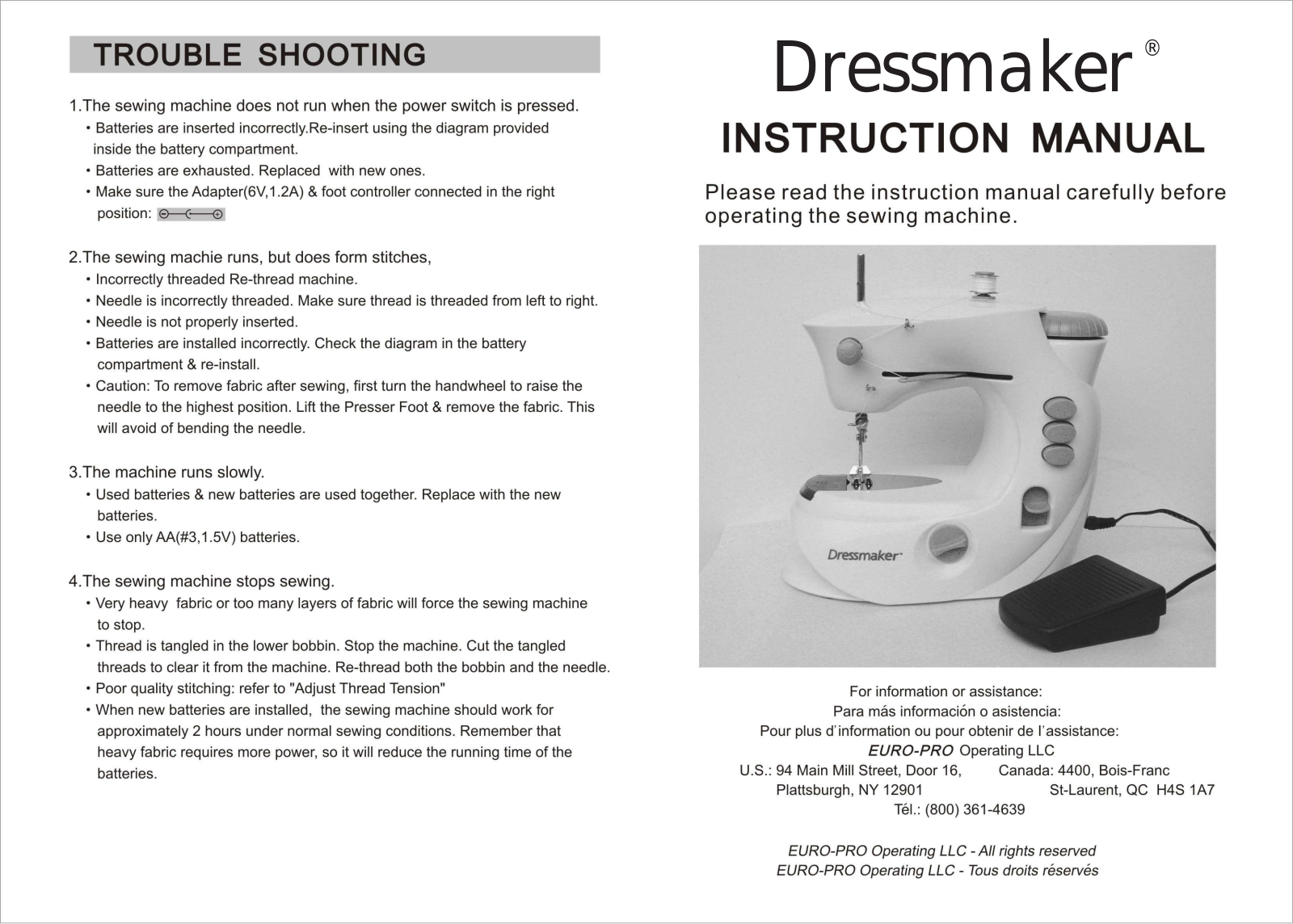 Euro-Pro 1100H Dressmaker Instruction Manual