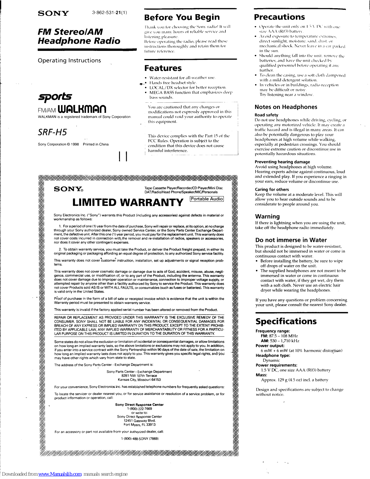 Sony Sports Walkman SRF-H5 Operating Instructions Manual