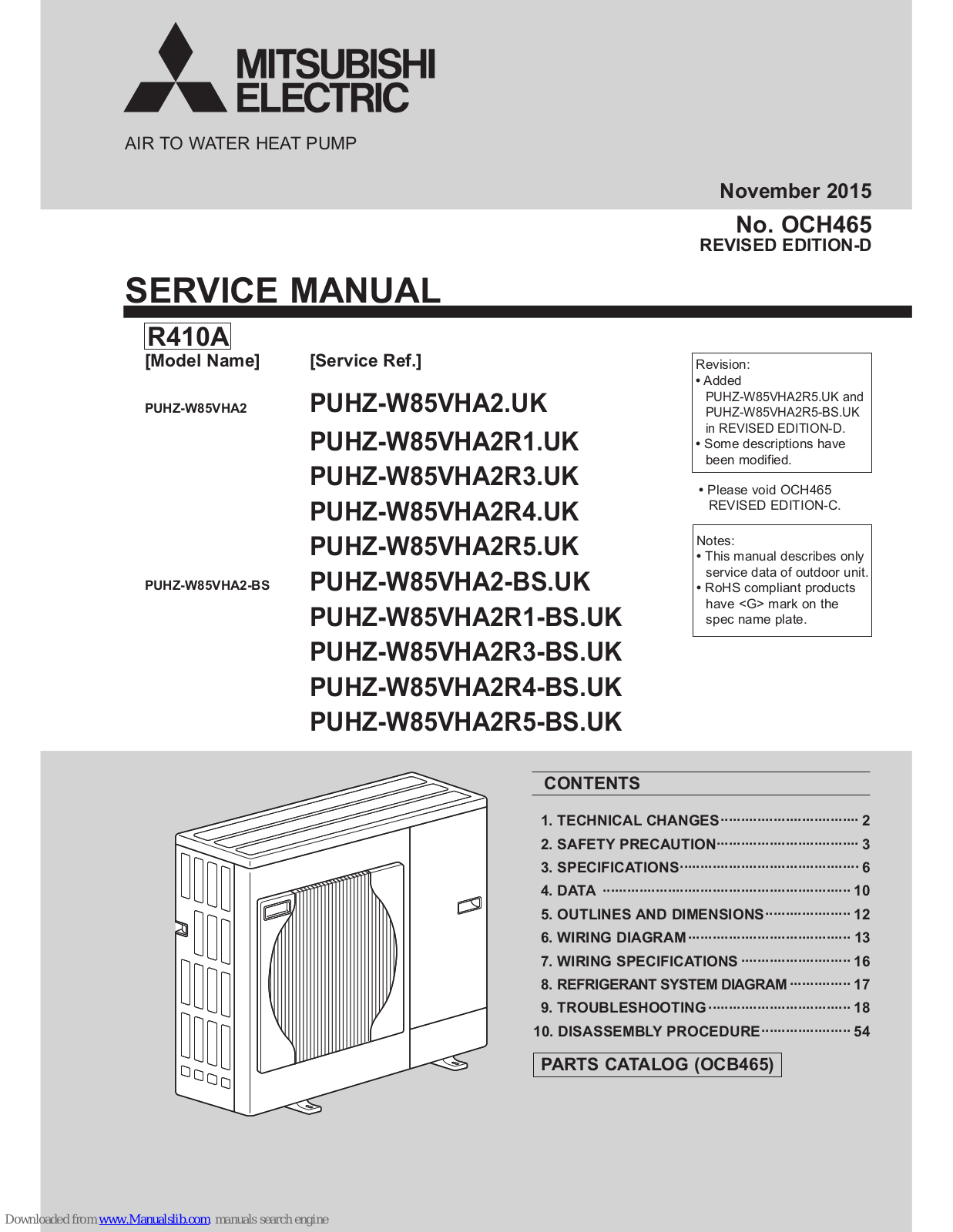 Mitsubishi PUHZ-W85VHA2R1.UK, PUHZ-W85VHA2R4.UK, PUHZ-W85VHA2R3.UK, PUHZ-W85VHA2-BS.UK, PUHZ-W85VHA2R1-BS.UK Service Manual