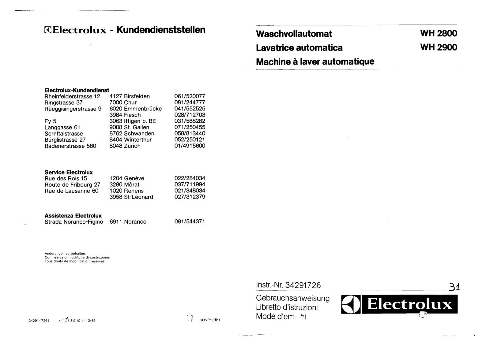 electrolux WH2900, WH2800 User Manual