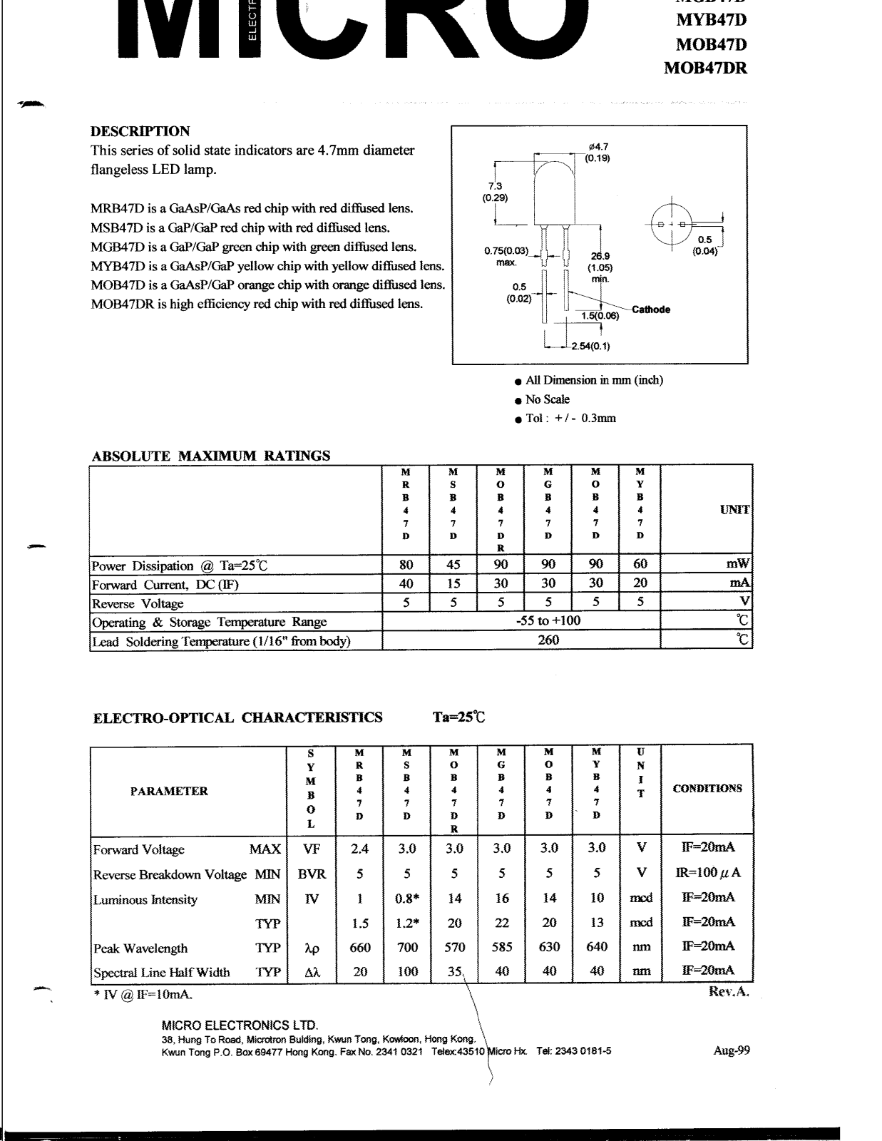 MICRO MSB47D, MRB47D, MOB47DR, MGB47D, MYB47D Datasheet