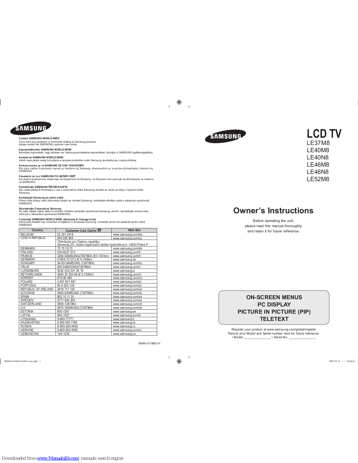 Samsung LE37M8, LE40M8, LE40N8, LE46M8, LE46N8 Owner's Instructions Manual