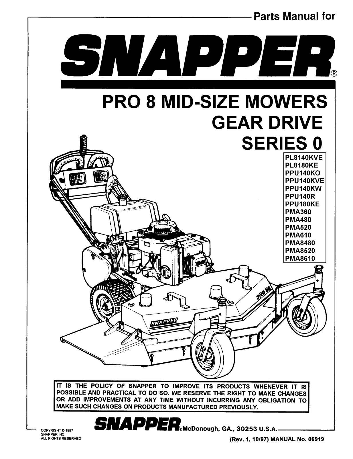 Snapper PMA8610, PL8180KE, PPU140KO, PL80140KVE, PPU140R User Manual