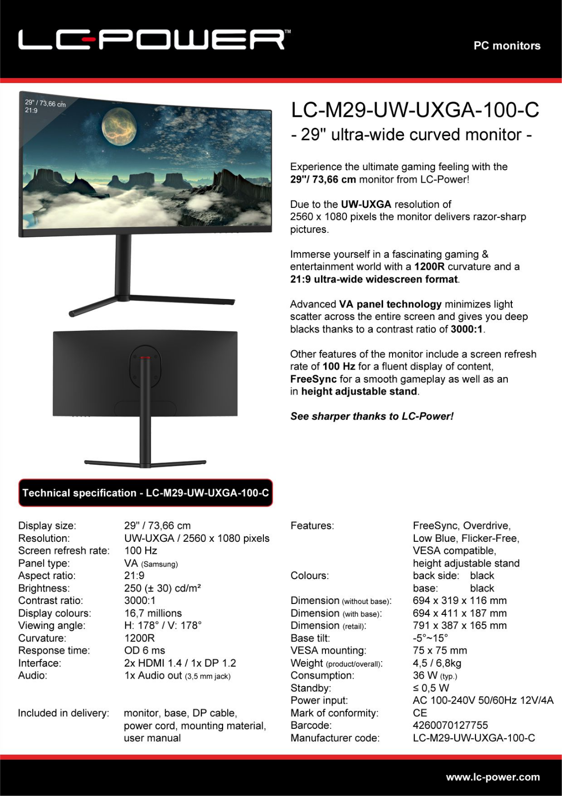 LC-Power LC-M29-UW-UXGA-100-C Technical data