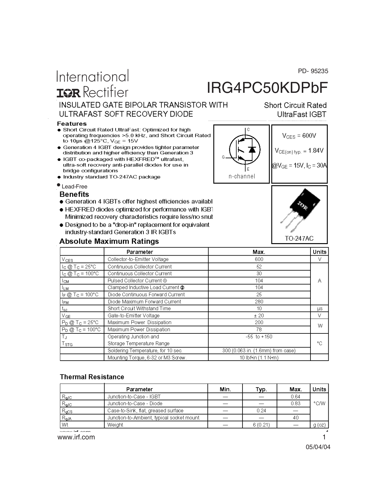 Datasheet IRG4PC50KDPBF Specification - ManualMachine.com