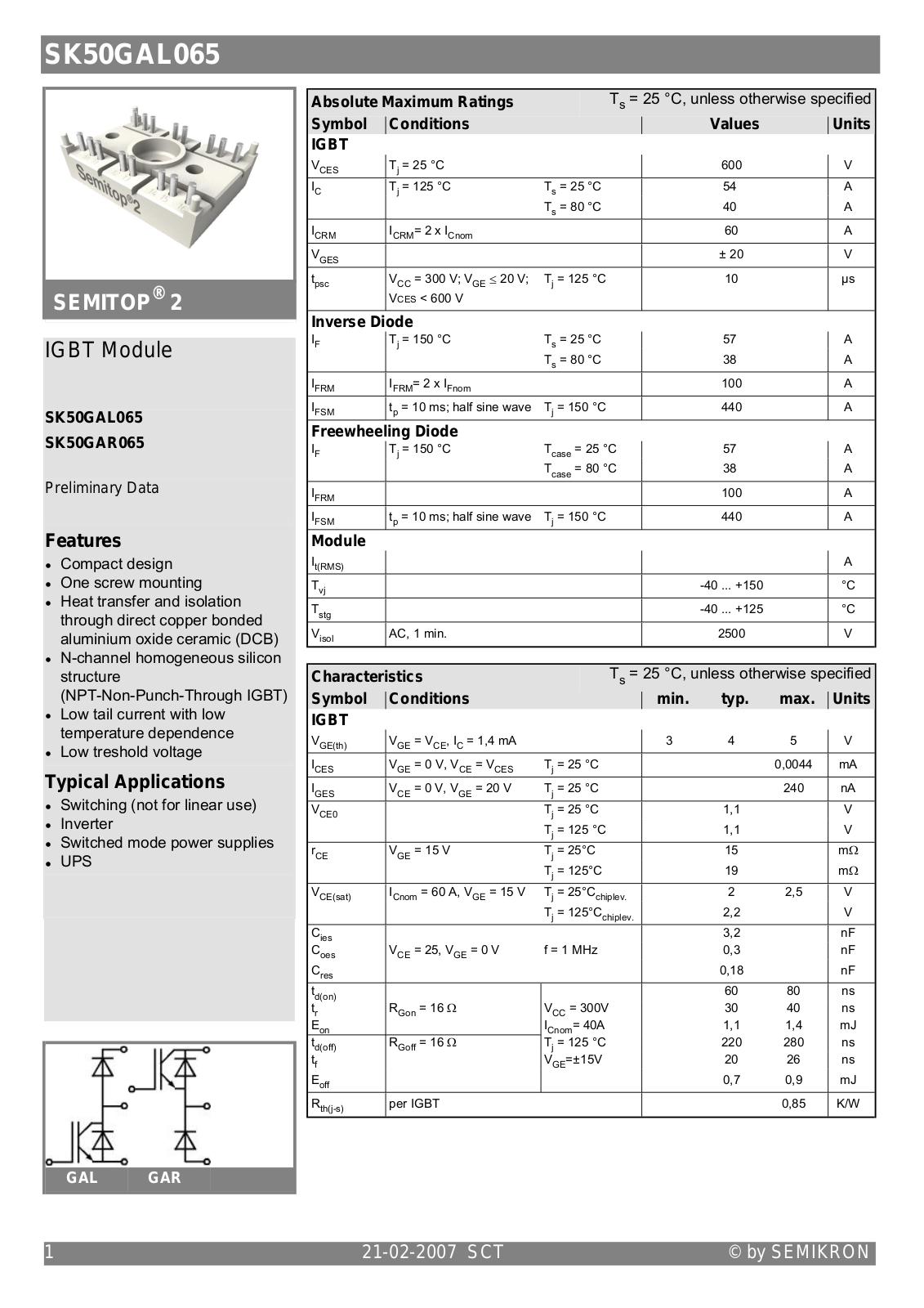 Semikron SK50GAL065 Data Sheet