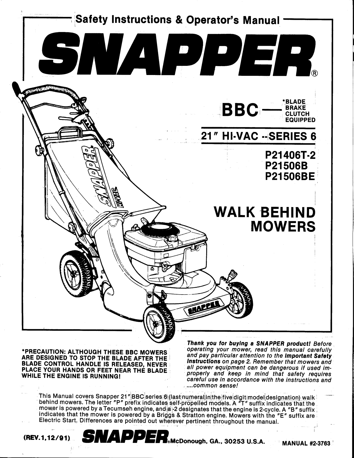 Snapper P21506BE, P21506B, P21406T-2 User Manual