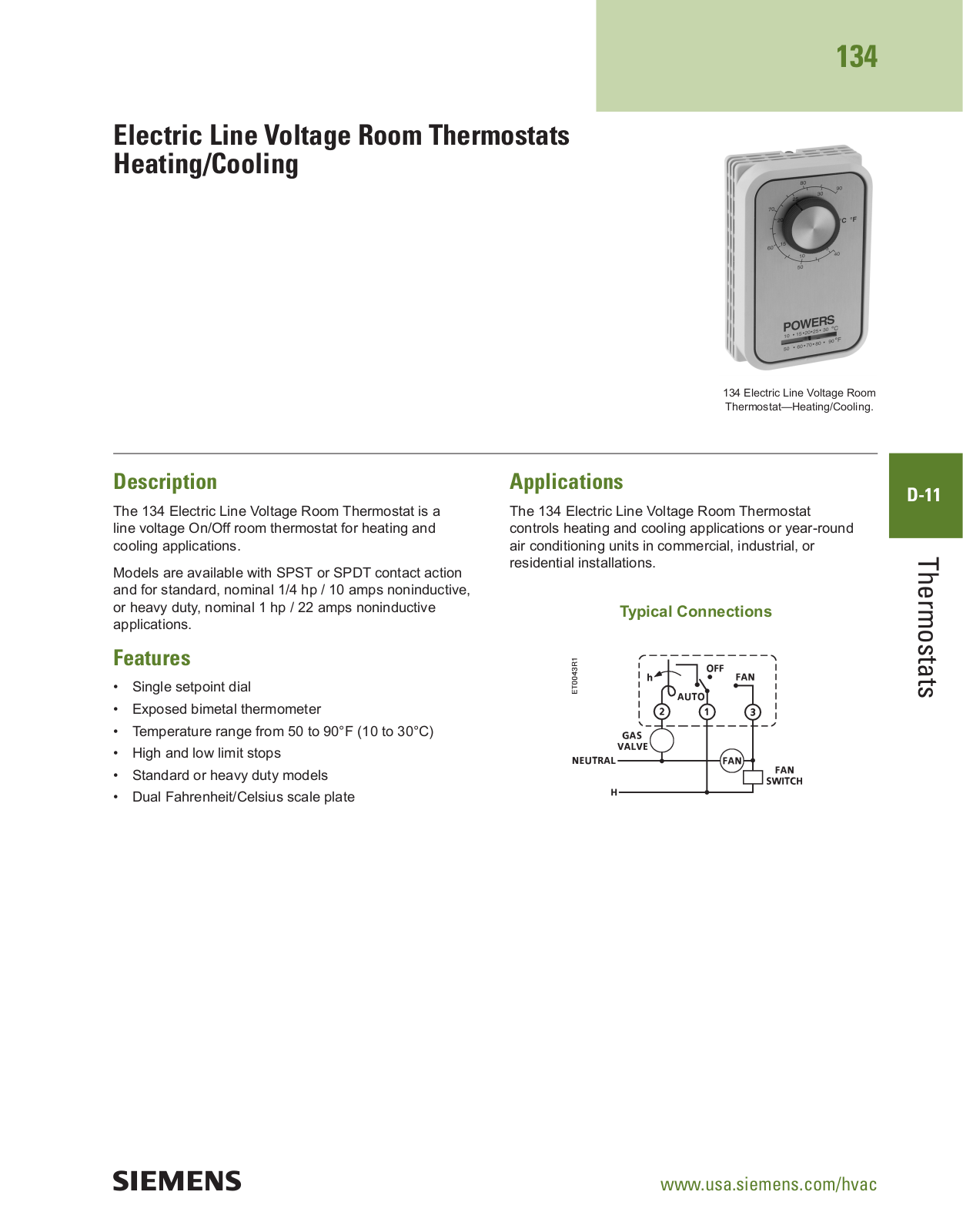 Siemens Building Technologies 134 Electric Line Voltage Room Thermostat Catalog Page