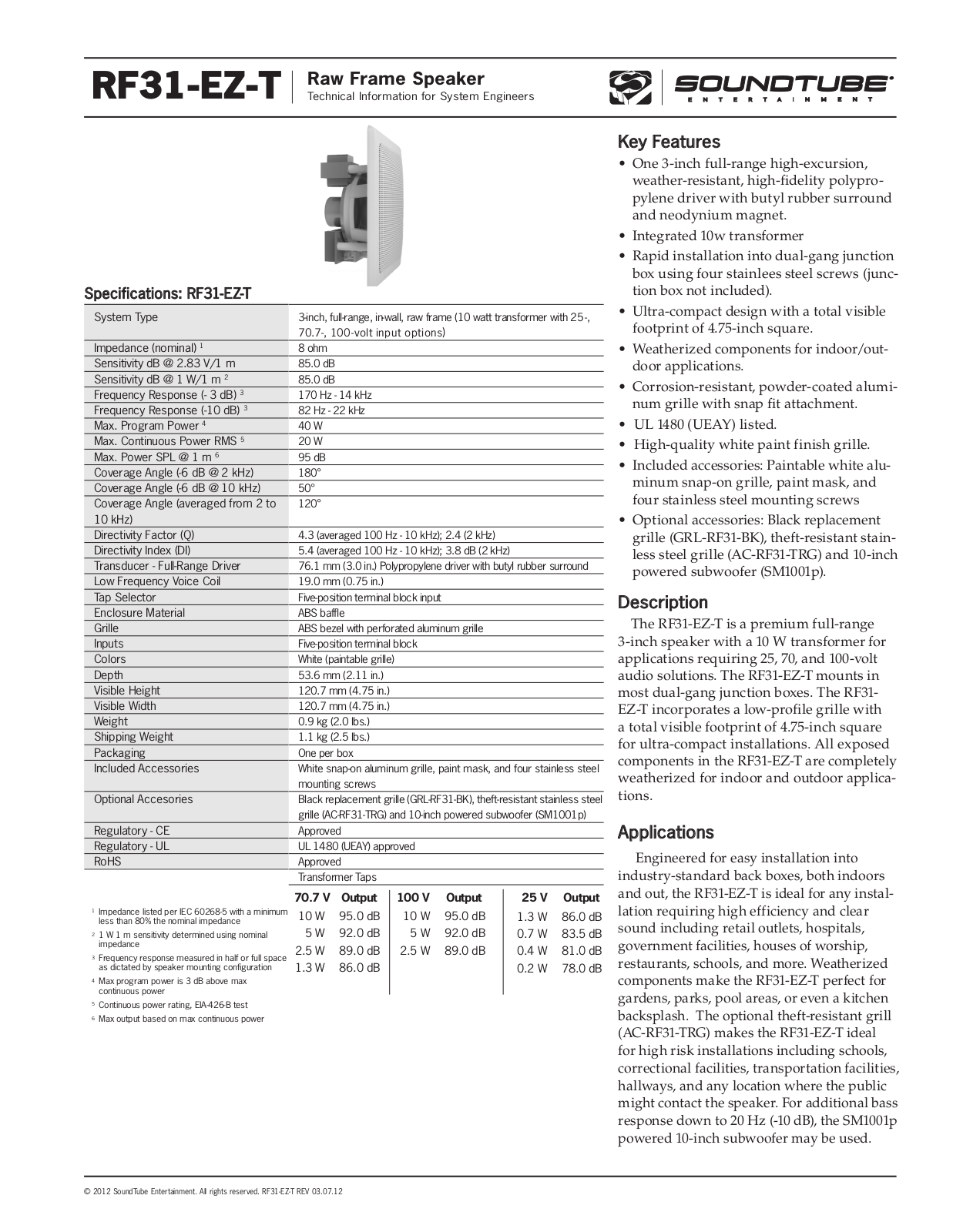 SoundTube RF31-EZ-T-BK Specifications