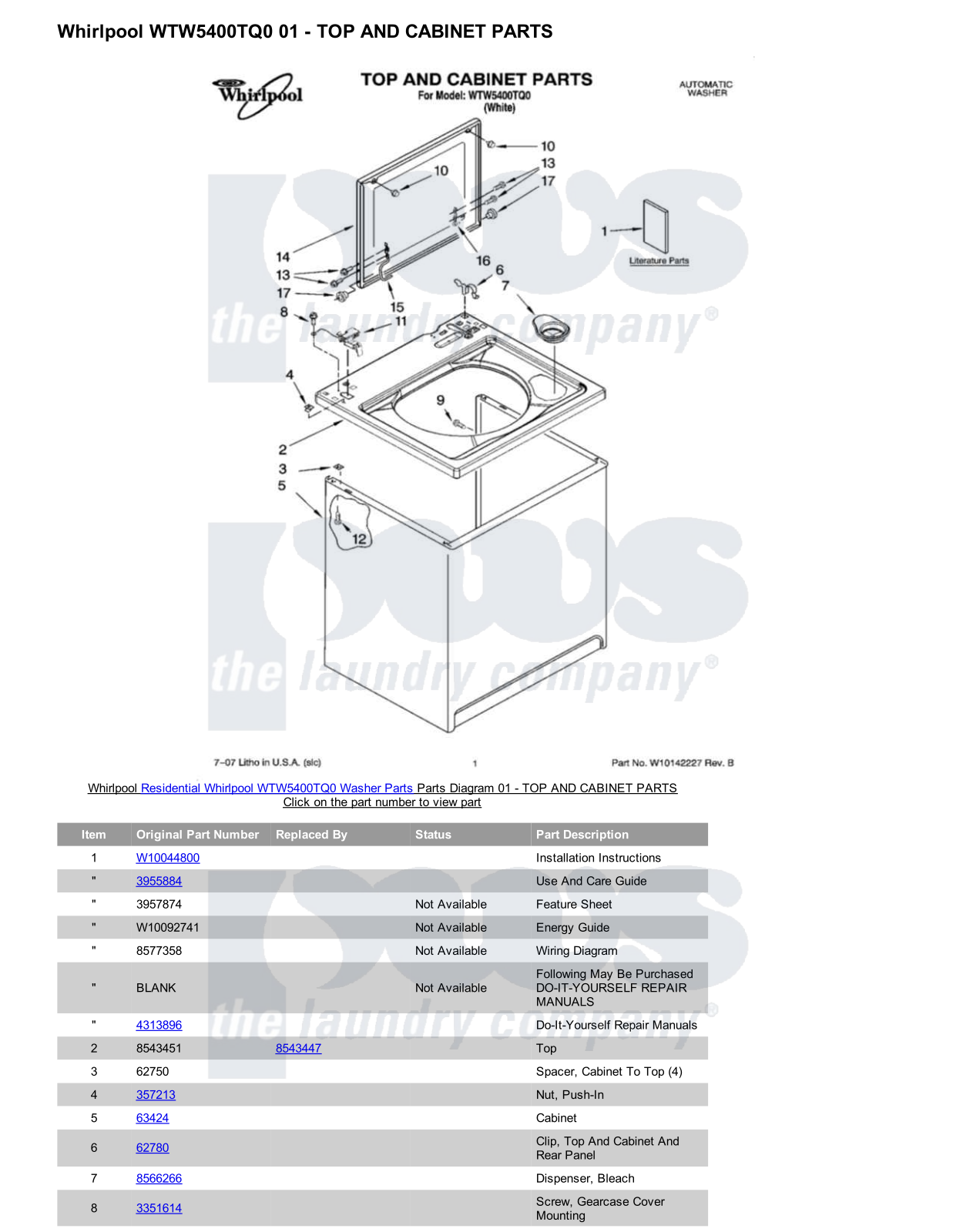 Whirlpool WTW5400TQ0 Parts Diagram