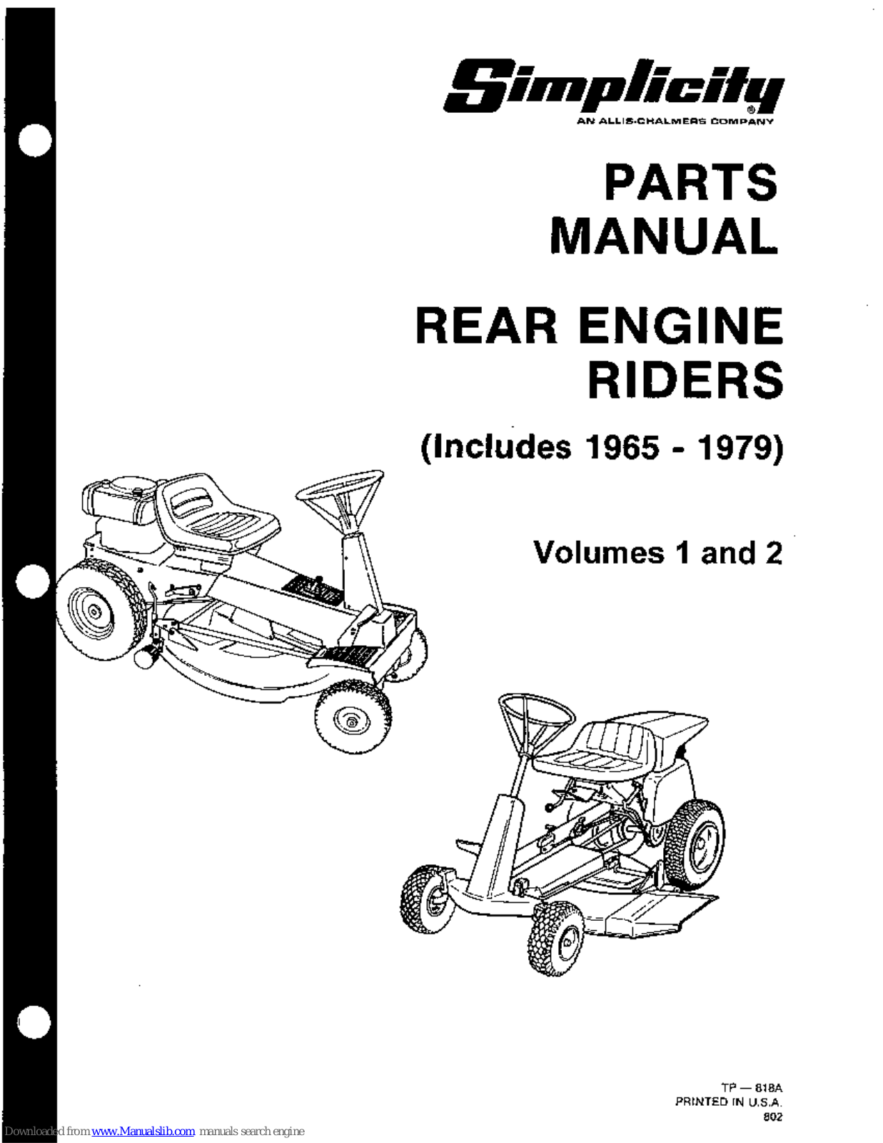 Simplicity 1965-1979,Rear Engine Riders,1965,1979 Parts Manual