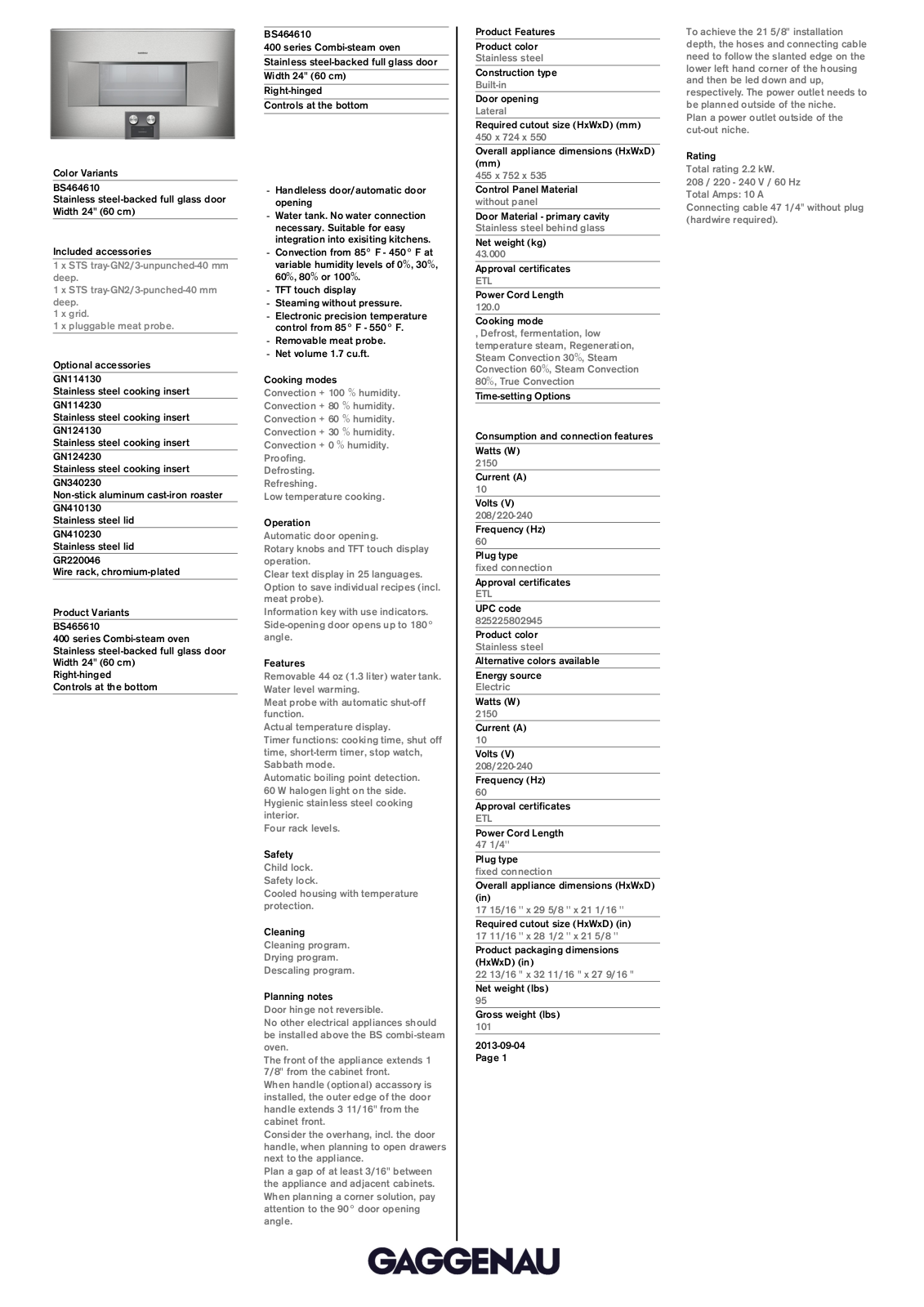 Gaggenau BS465610 PRODUCT SPECIFICATIONS