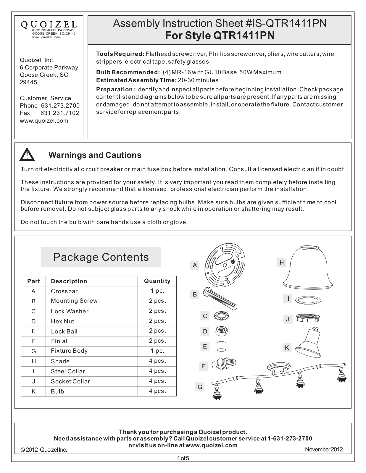 Quoizel QTR1411PN User Manual