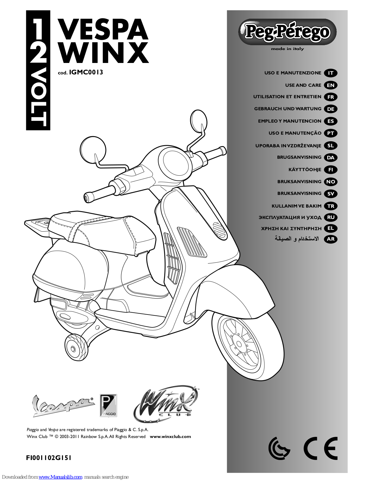 Peg-Perego VESPA WINX IGMC0013, VESPA Use & Care Manual