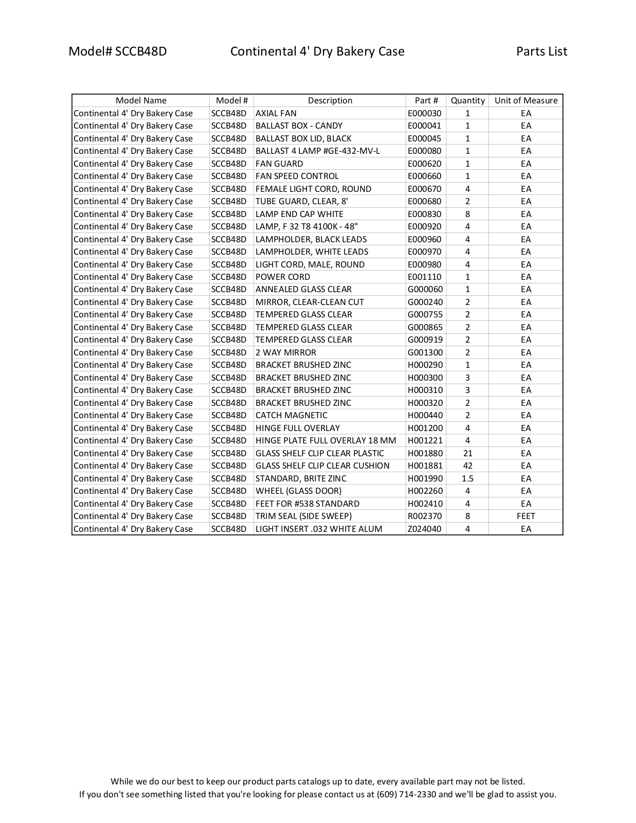 RPI Industries SCCB48D Parts List