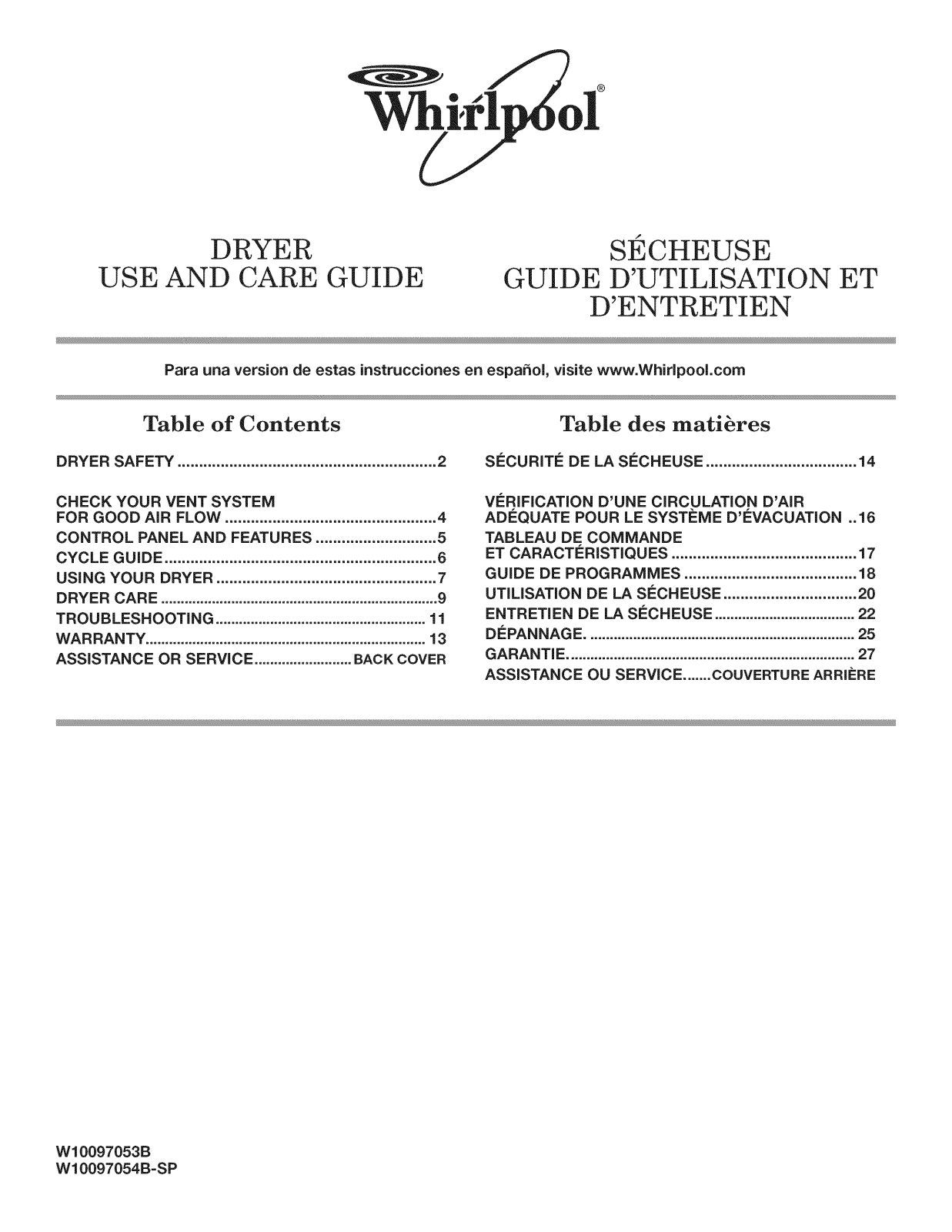 Whirlpool WGD5700AC0, WGD5600XW1, WED5610XW0, WGD5700XW1, WGD5700XL1 Owner’s Manual