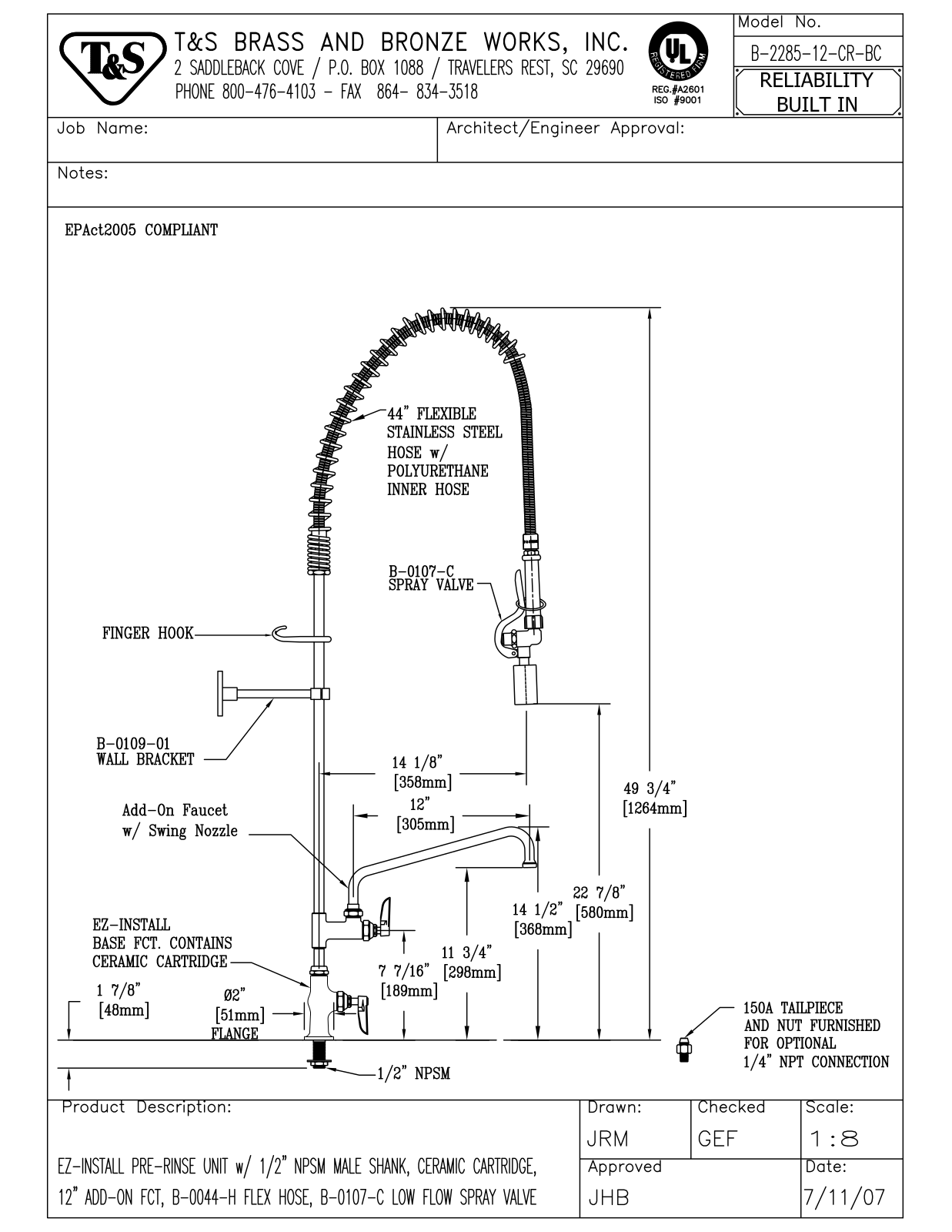 T&S Brass B-2285-12-CR-BC User Manual