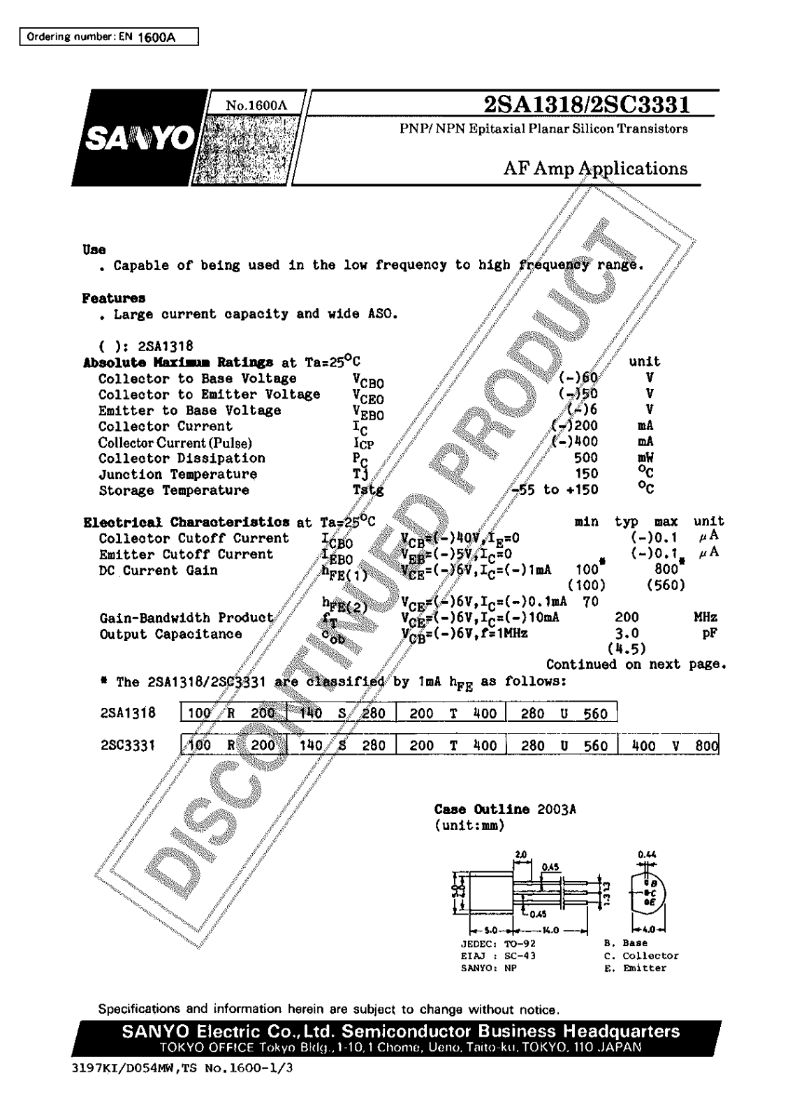 Sanyo 2SA1318 Specifications